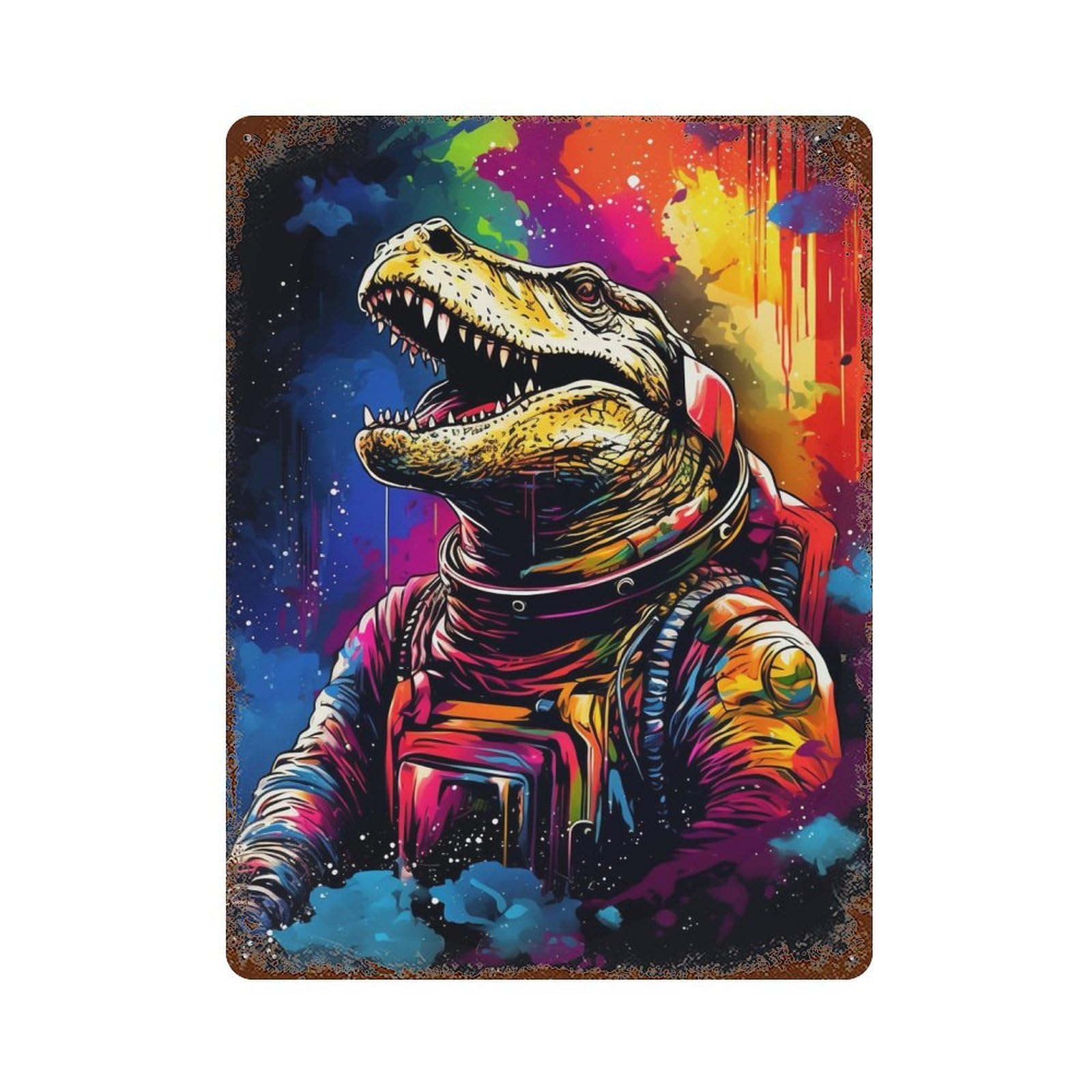 Garage Style Colorful Dinosaur Astronaut Art Print Decorative Tin Sign 15.7"x11.8", Shabby Chic Decor for Bar And Workshop