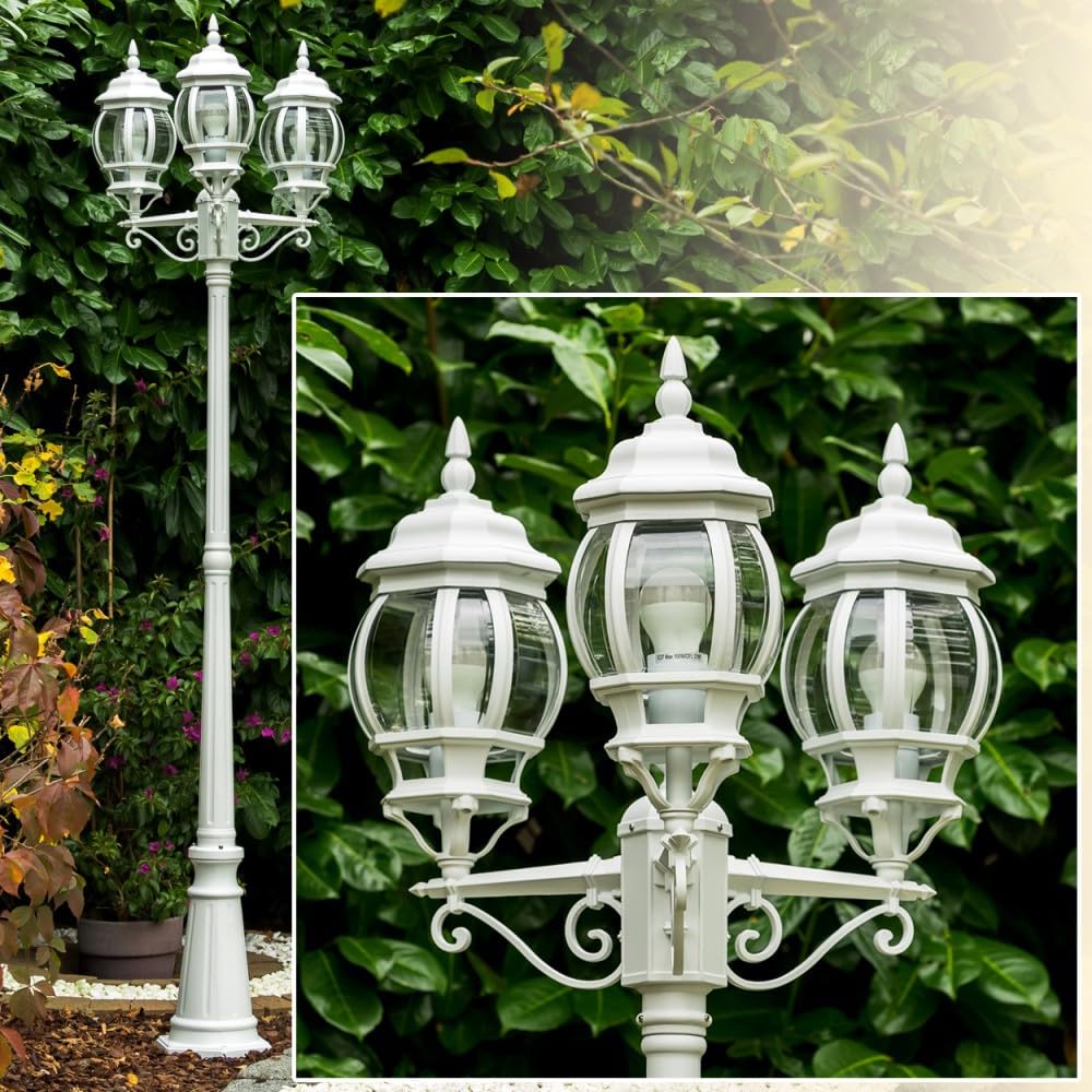 HOFSTEIN Kandelaber Lentua, Außenwegeleuchte aus Metall/Kunststoff in Weiß/Klar, Wegeleuchte im Vintage/Antik/Landhaus-Design für Garten, Wegbeleuchtung, Außenbereich, Höhe 215 cm, E27, IP44