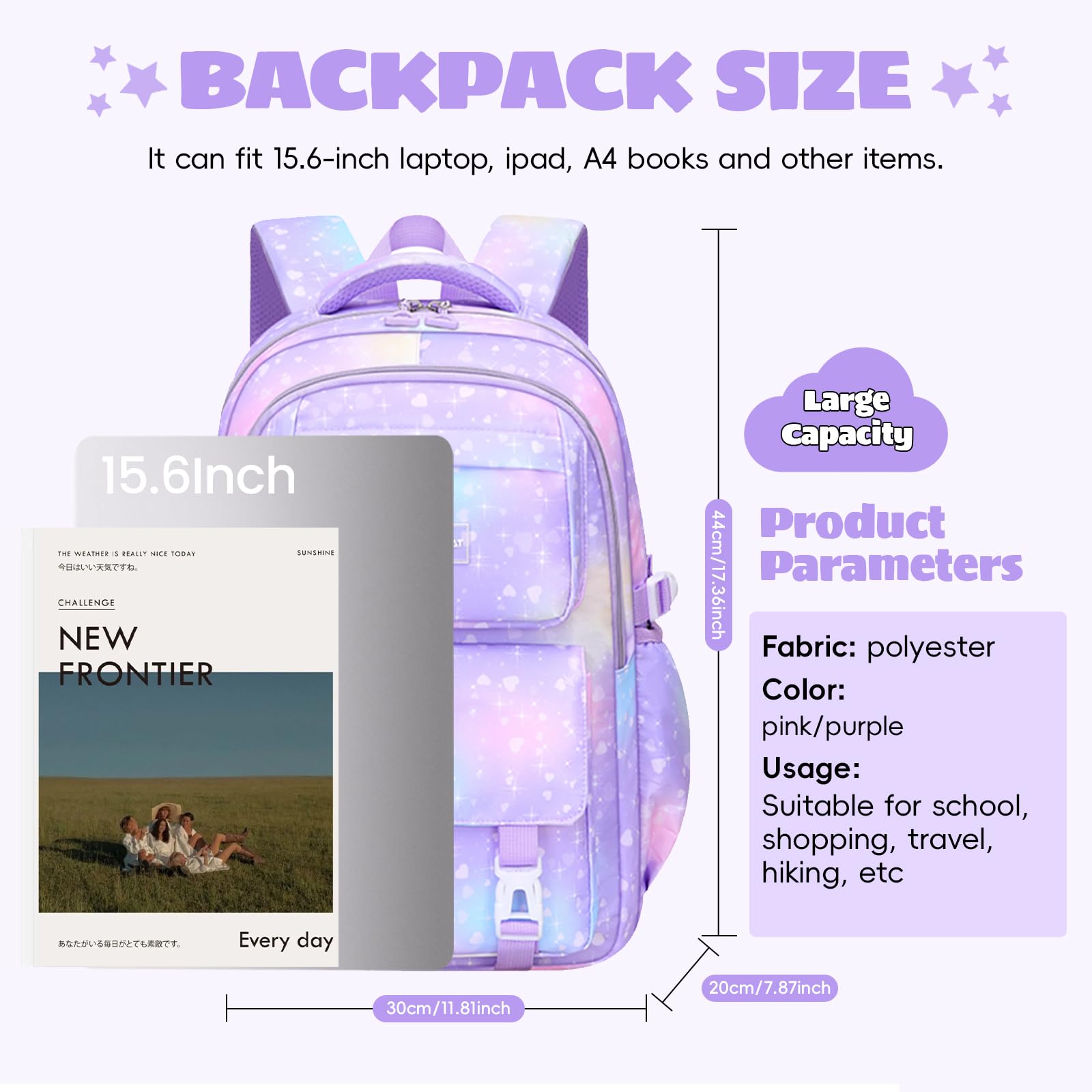 Amythe Mochila Escolar Niña Primaria 3 Piezas, Mochila para Niñas y Bolsa de Almuerzo 7 a 12 Años, Mochilas Escolares Chica Impermeable e Ligera, Morado