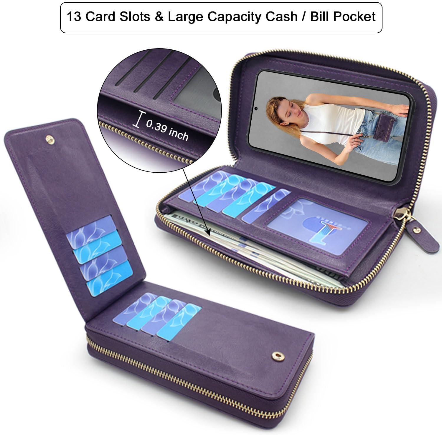 Lacass for Samsung Galaxy A37 A36 A56 5G Wallet Case,Crossbody Dual Zipper Detachable Magnetic Leather Wallet Case Cover Wristlets Wrist Strap 13 Card Slots Money Pocket(Floral Dark Purple)