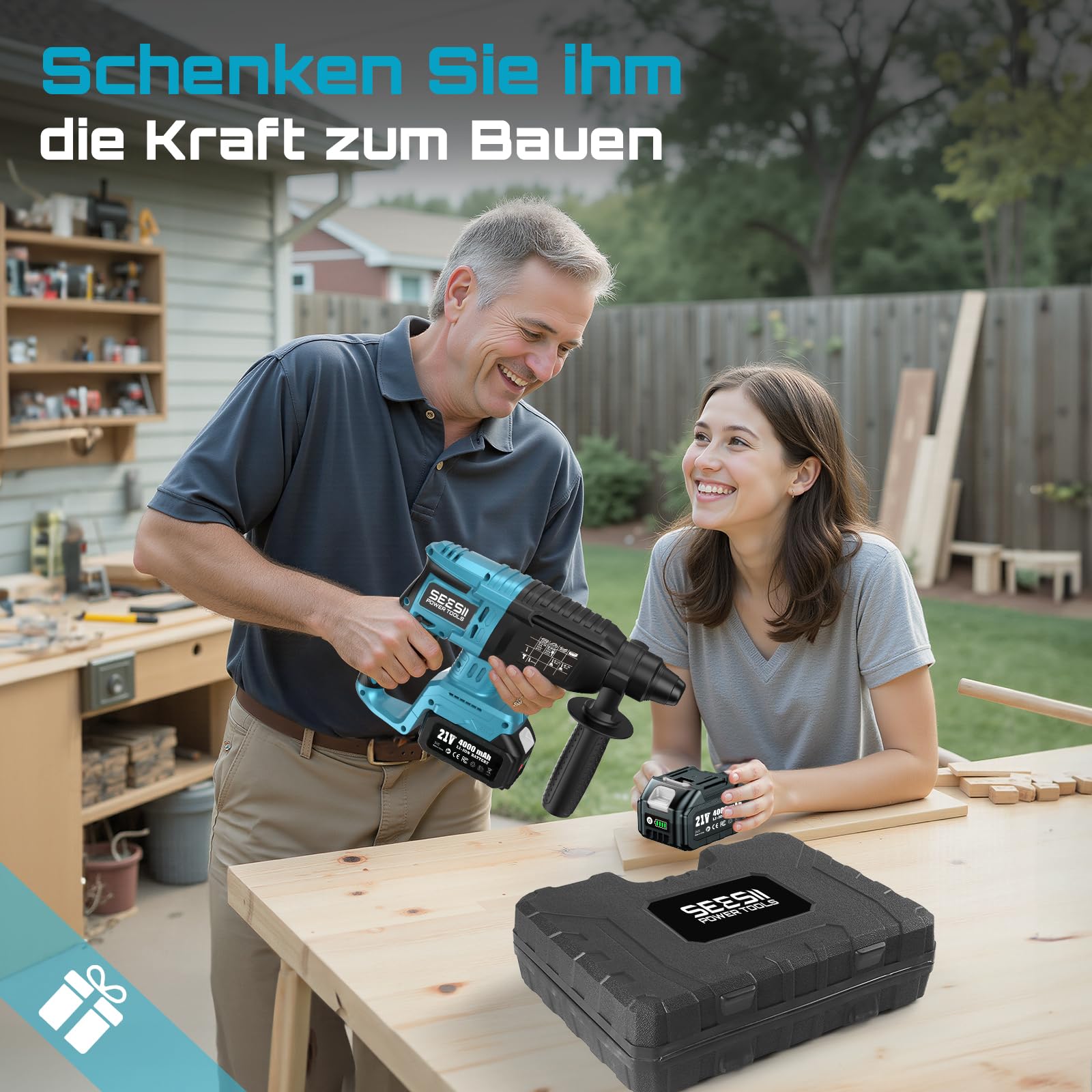 Seesii 2,5J Akku Bohrhammer: 600W Brushless Motor, mit 2 * 4,0AH Akkus und Ladegerät, Verbessertem Sicherheitsdesign, Multifunktionale Akku Schlagbohrmaschine für Heimwerker und Bauarbeiten