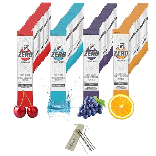 Gatorade Zero - Paquete variado de 80 paquetes con naranja, cereza glaciar, congelación glaciar y uva, paquete con juego de pajitas de metal
