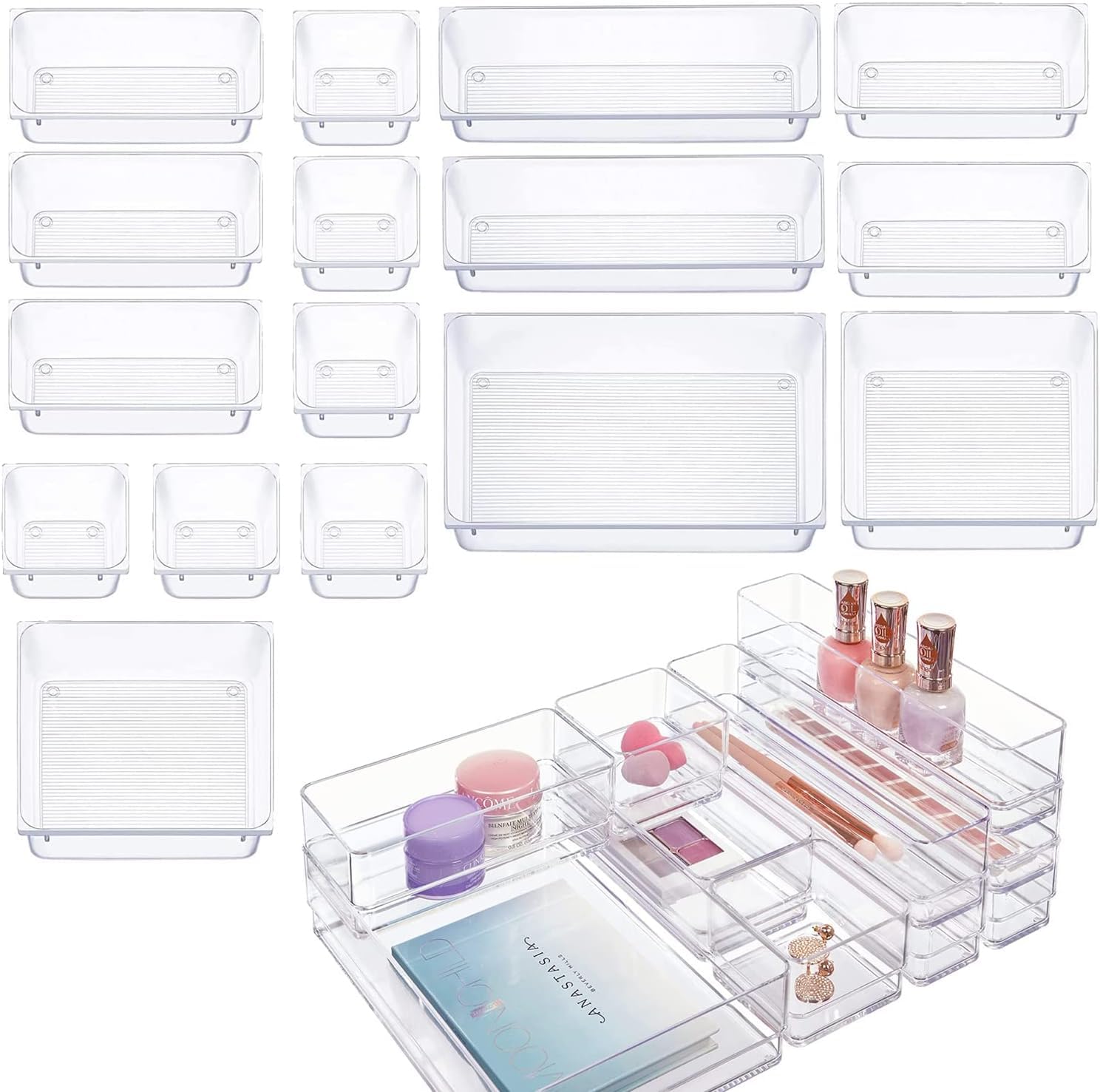 16 Pcs Desk Drawer Organizers Trays Set Clear Plastic Storage Bins Bathroom Drawer Tray Dividers Vanity Trays Organizer for Bedroom Dresser Makeup Kitchen Utensil Office