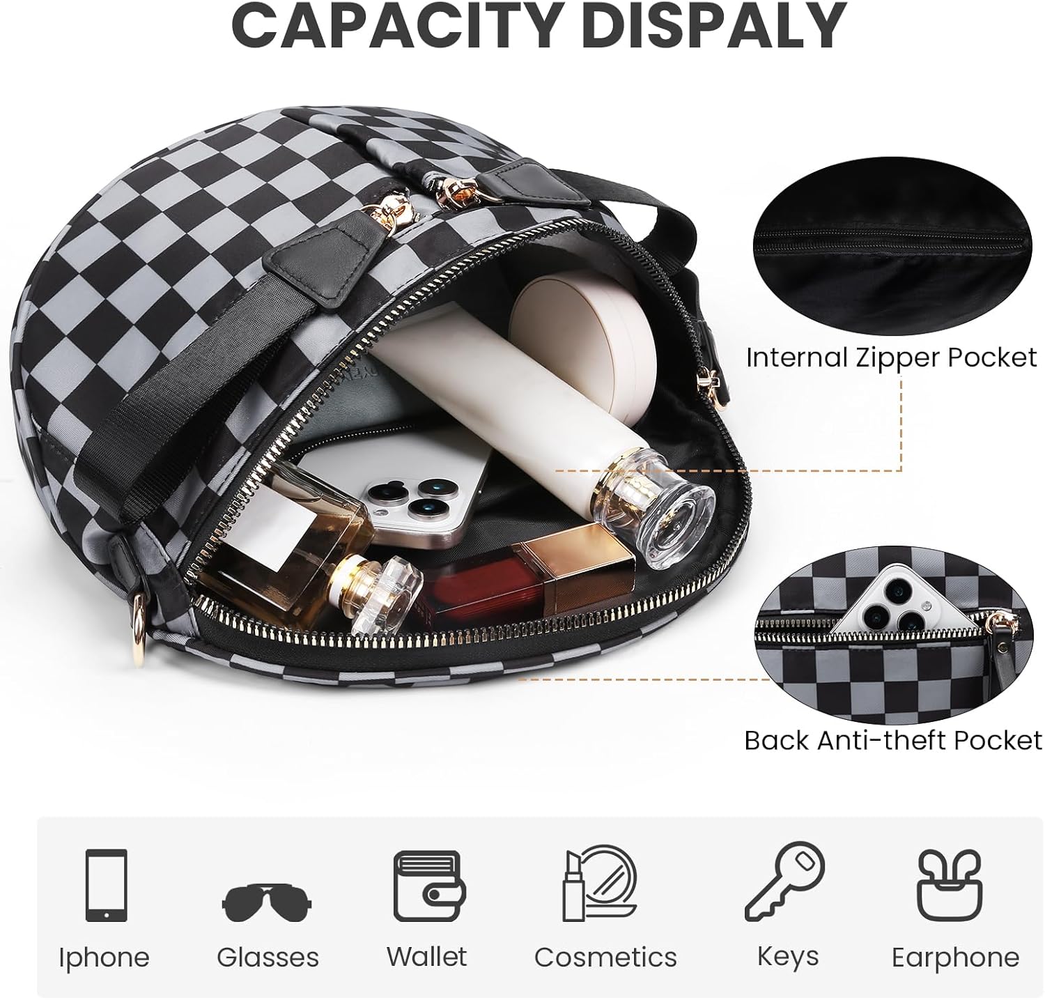 hibear Checkered Crossbody Bag Spacious Bum Bags for Women Nylon Crossbody Fanny Packs Checkered Purse Belt Wallet - Image 3