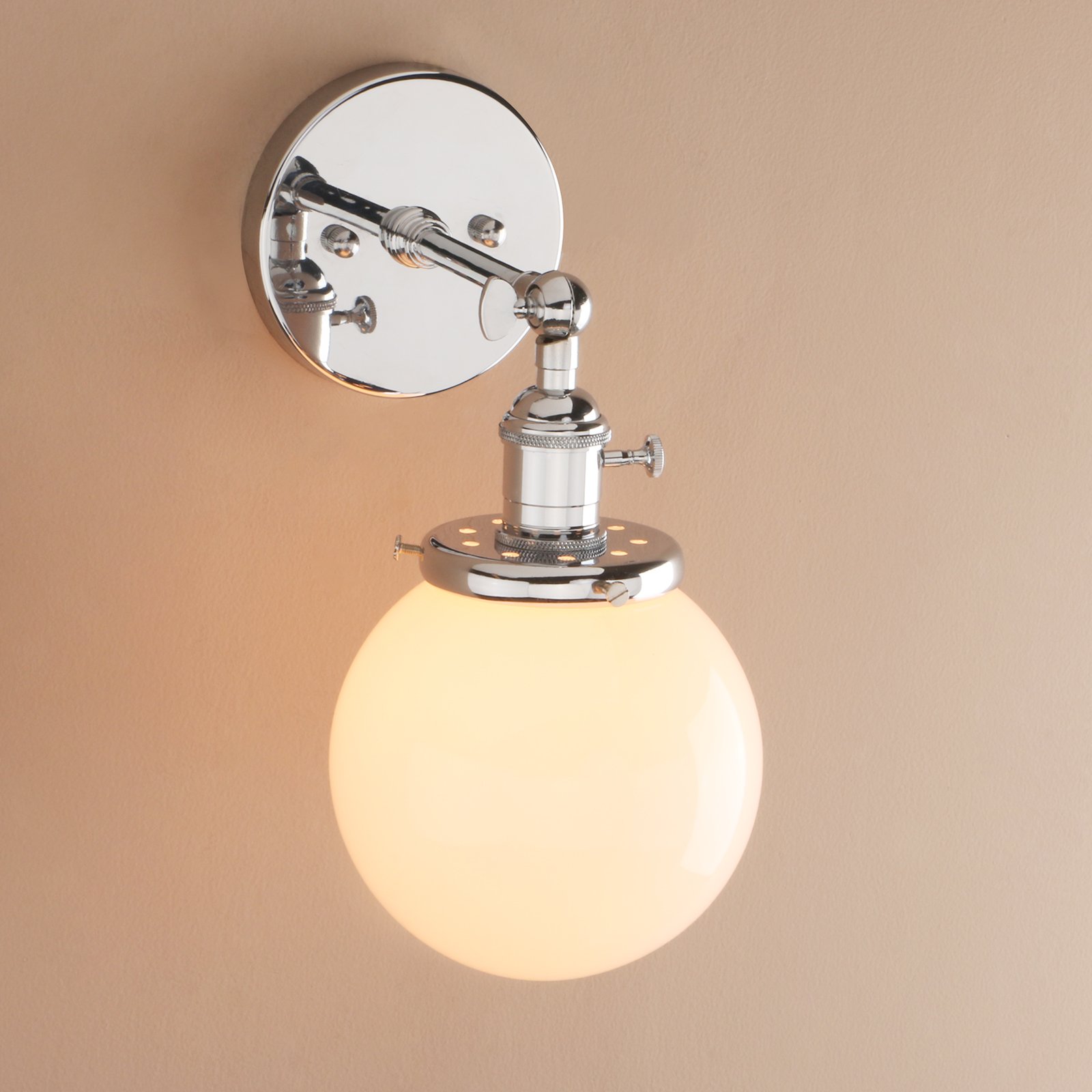 Pathson Réglable Applique Blanc de Lait Boule Verre Abat-jour Lampe Rétro Industrial Applique Murale Rétro Eclairage Chrome