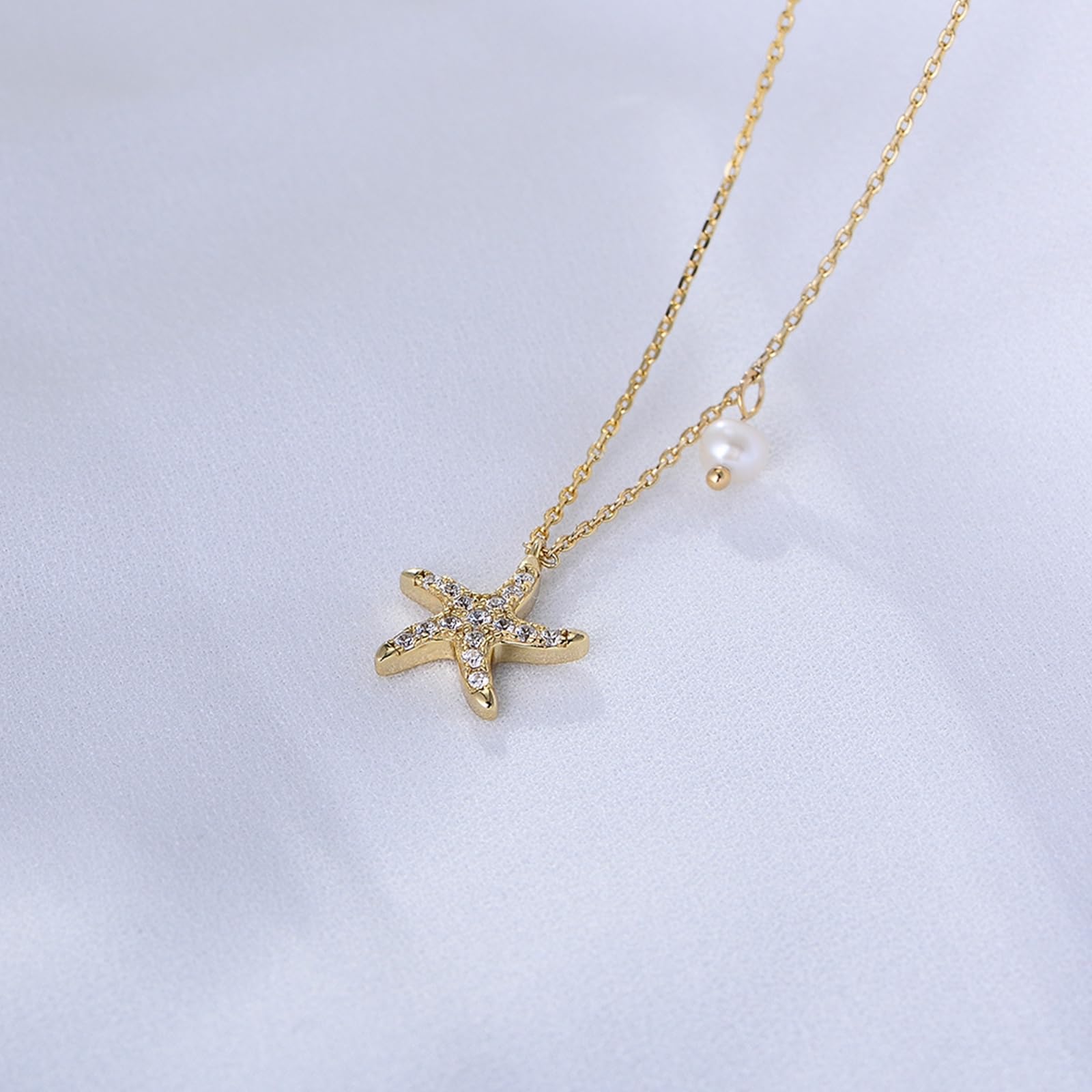 Collar con colgante de moissanita para mujer, oro amarillo de 9 quilates, 14 quilates, 18 quilates, 12,3 mm, con colgante de estrella de mar y perla, cadena Rolo: 40 + 5 cm