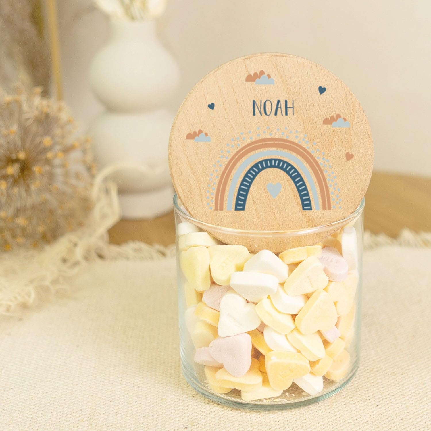 GRAVURZEILE Vorratsglas mit bedrucktem Holzdeckel - Regenbogen Rot - Personalisiert mit Name & Datum - Keksdose Bonbonglas mit Deckel - Vorratsdose - Geschenk für Kinder - 880 ml