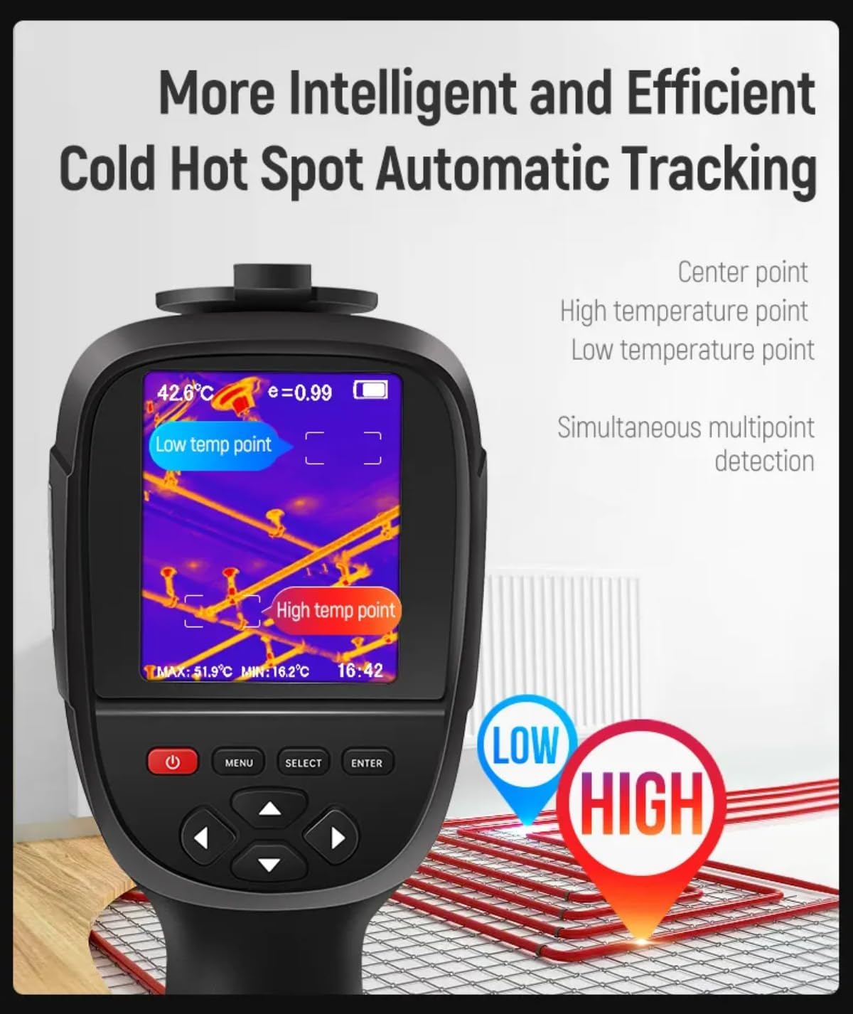 GOYOJO GW256 displaying automatic cold and hot spot tracking with temperature indicators.
