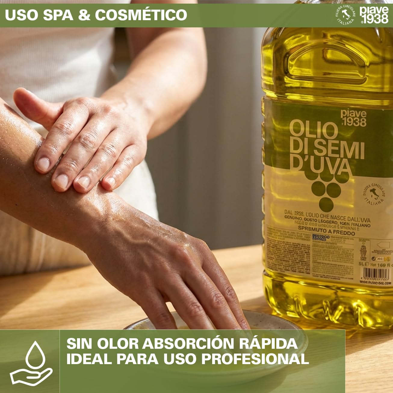 PIAVE 1938 Aceite de Semilla de Uva 5L, 100% Italiano, Alto Punto de Humo para Freír y Cocinar, Aceite Base de Masaje Neutro y Natural, Rico en Vitamina E, Garrafa Formato Profesional Hostelería