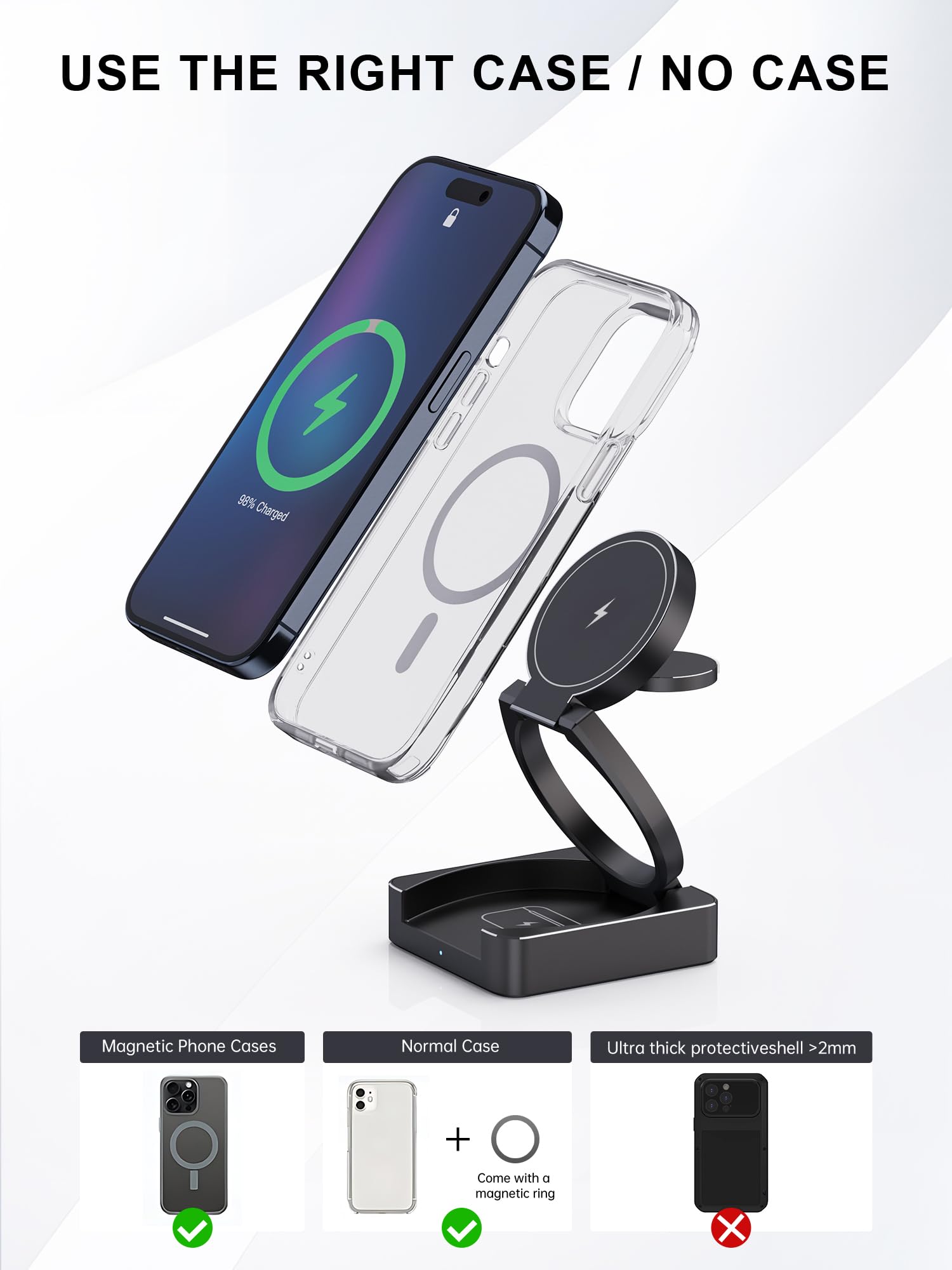 Qi2 Cargador Inalambrico para iPhone, QI2 Cargador Inalámbrica de 15 W, Cargador Inalámbrico Plegable para iPhone 15 Pro MAX 14 13 12, Apple Watch S10 9 8 7 6, Airpods 4 3 Pro2 [con 27W Adapter]