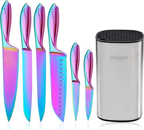 WELLSTAR Rainbow - Juego de 7 cuchillos de cocina de acero inoxidable de alto carbono iridiscentes alemanes con bloque universal de cuchillos,