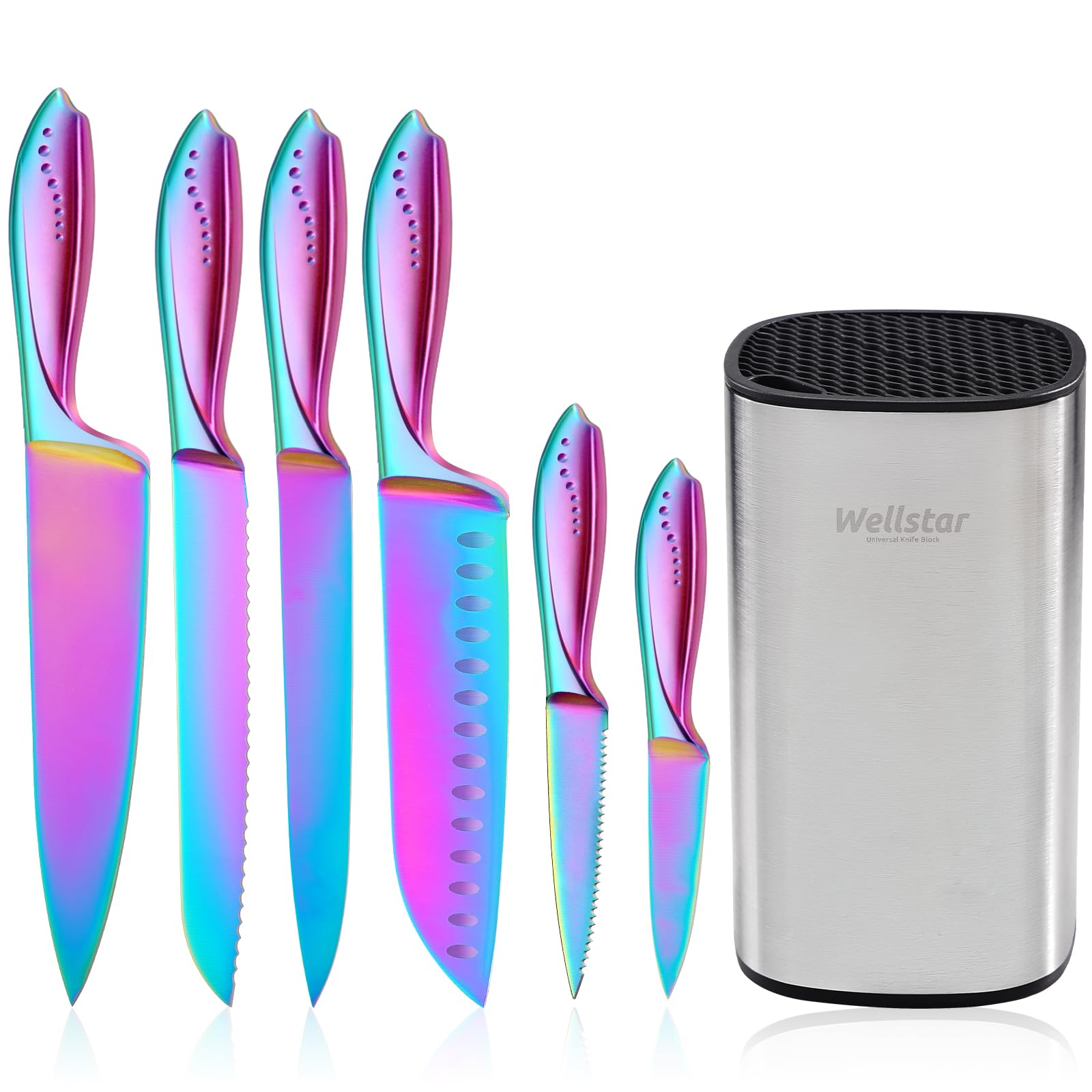 Photo 1 of WELLSTAR Rainbow Knife Set - 7-Piece Iridescent German High-Carbon Stainless Steel Kitchen Knives with Universal Knife Block, Colorful Kitchen Cutlery for Cooking and Food Prep