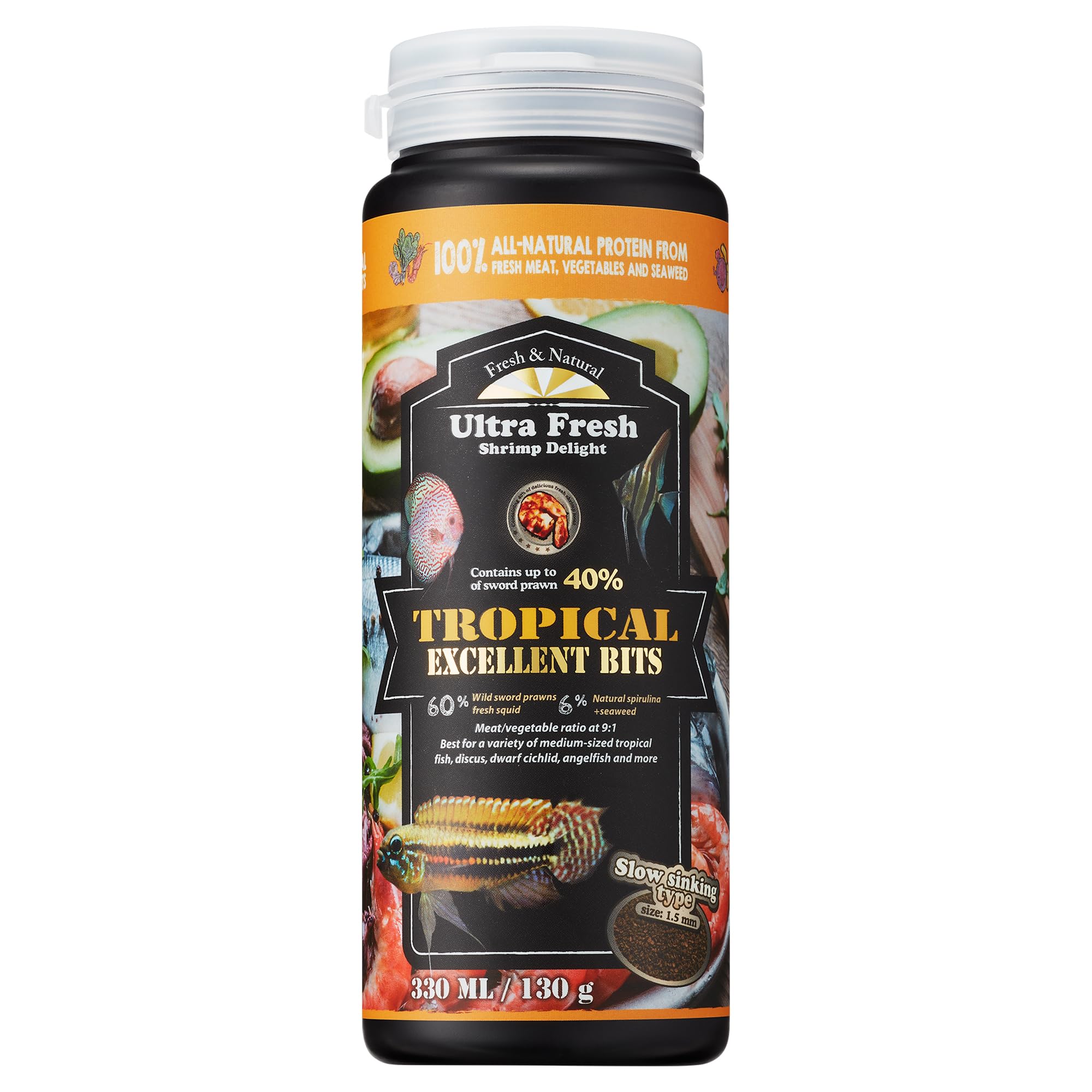 Ultra Fresh Tropical Fish Food, Wild Sword Prawn, Natural Color Enhancement, Slow Sinking Pellet for Discus, Angelfish, Medium Sized Cichlids and Fish, Tropical Excellent Bits 130g