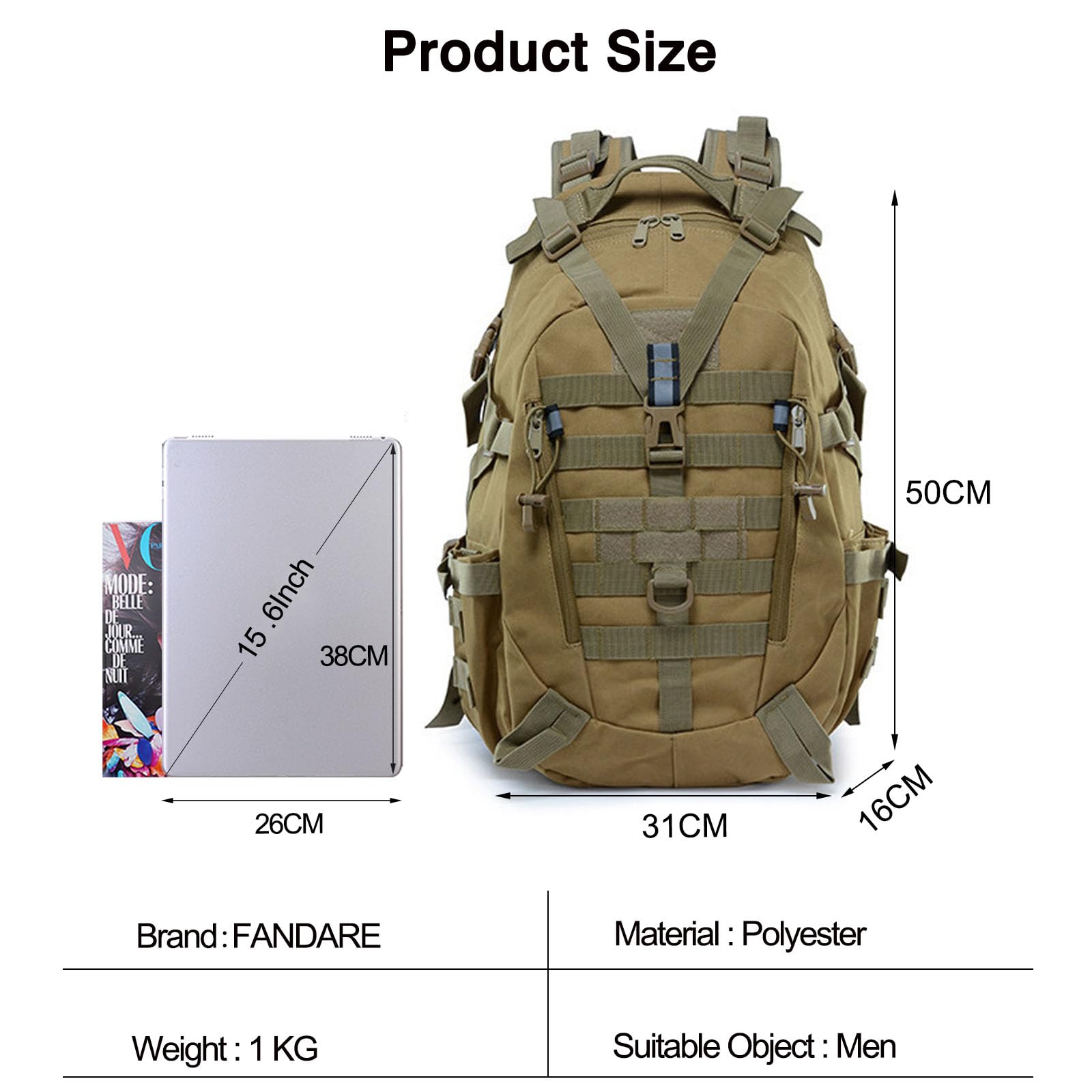 FANDARE Mochila Tácticas Militar 25L Molle Mochila de Asalto del ejército Mochila Bolsa Bug out Mochila de Senderismo para Acampar para Gimnasio Senderismo Acampada con Multiples Bolsillos
