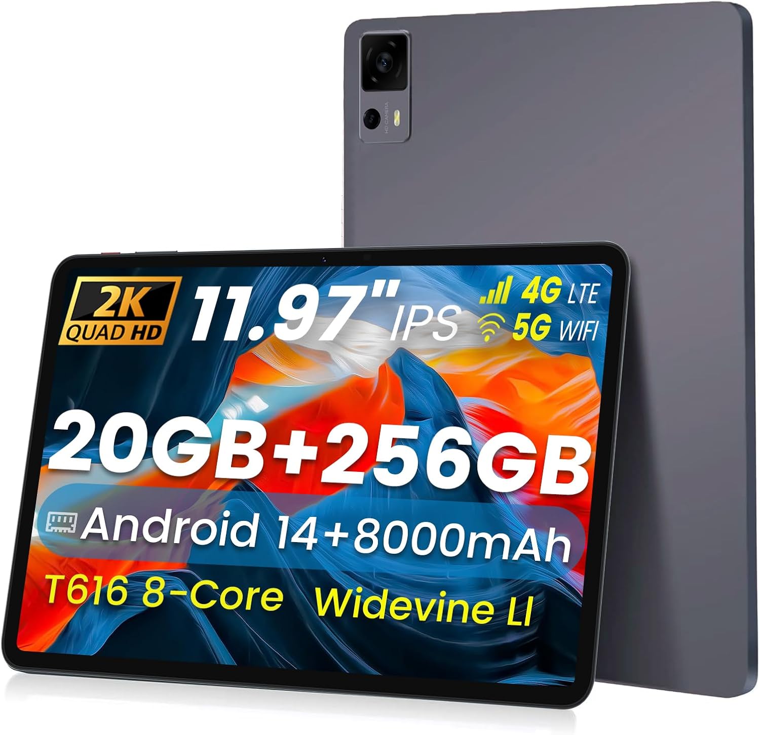 Tablet 12 inch Android 14 Tablet, 20(8+12) GB RAM 256GB ROM (Expandable to 1TB), T616 CPU, 8000mAh Battery, 18W PD Fast Charger, 4 Speakers, 5G WiFi + 4G LTE, Dual 13+5MP Camera, GPS (Gray)