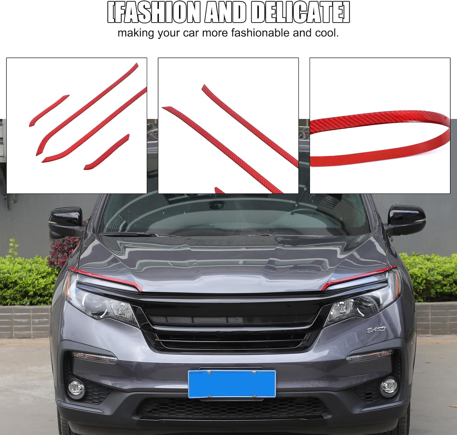 Headlight Eyelid Eyebrow Cover Trim for Honda Pilot 2016-2022 Accessories, Front Headlamp Eyebrow Cover Decoration Strip, Front Bumper Headlight Eyelid Molding Trim Sticker, Carbon Fiber (Red)