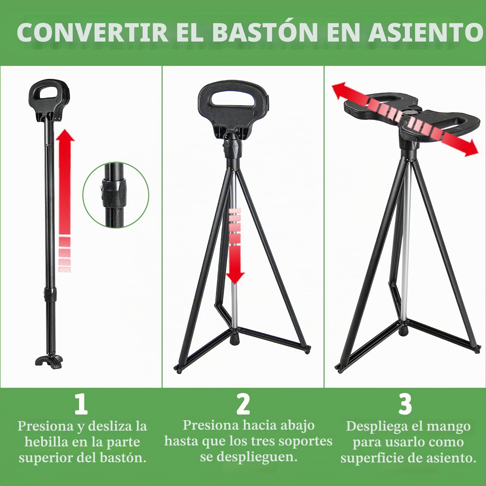 ALEVMOOM Bastón con Asiento, Bastón Portátil, Plegable, Bastón para Hombres y Mujeres con Bolsa de Transporte, Bastón para Adultos y Personas Mayores, Carga máxima 200 kg para Viajes al Aire Libre