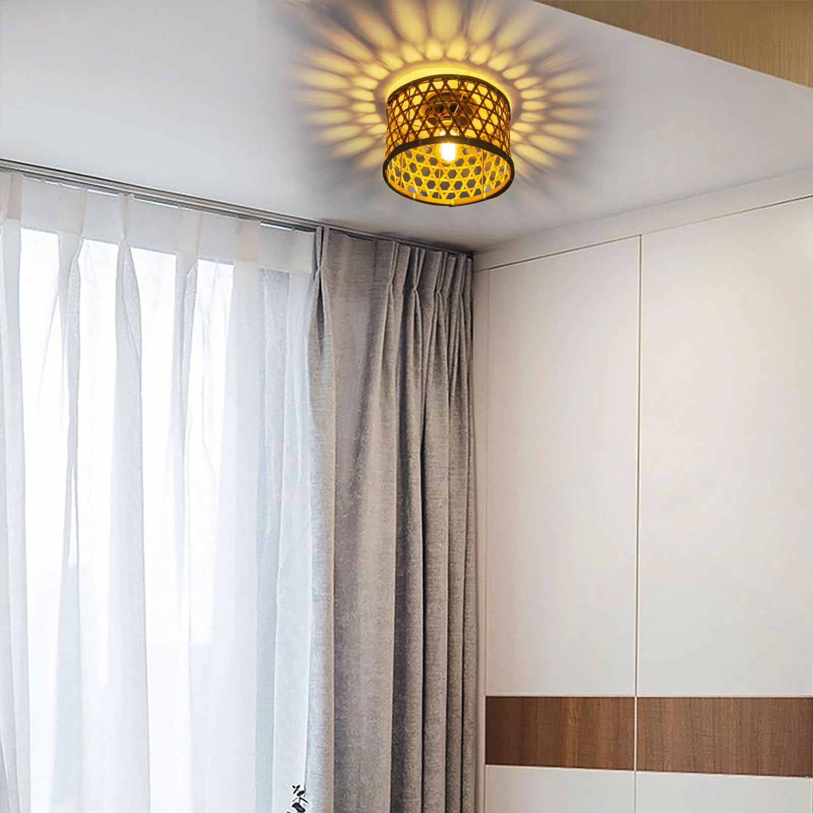 paralume rotondo,bambù, a tamburo intagliato,Design unico a “diamante per lampada da terra, lampada a sospensione, lampada da tavolo