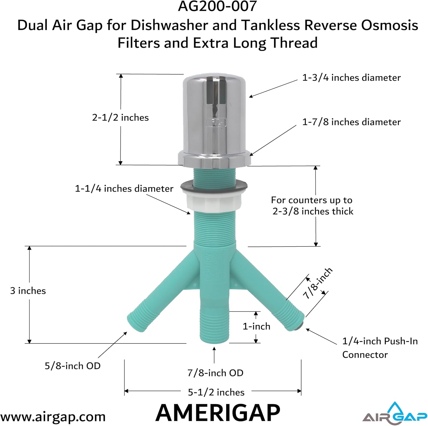 Dual Air Gap for Dishwasher and Tankless Reverse Osmosis Filter with Extra Long Thread (AG200-007 AMERIGAP)