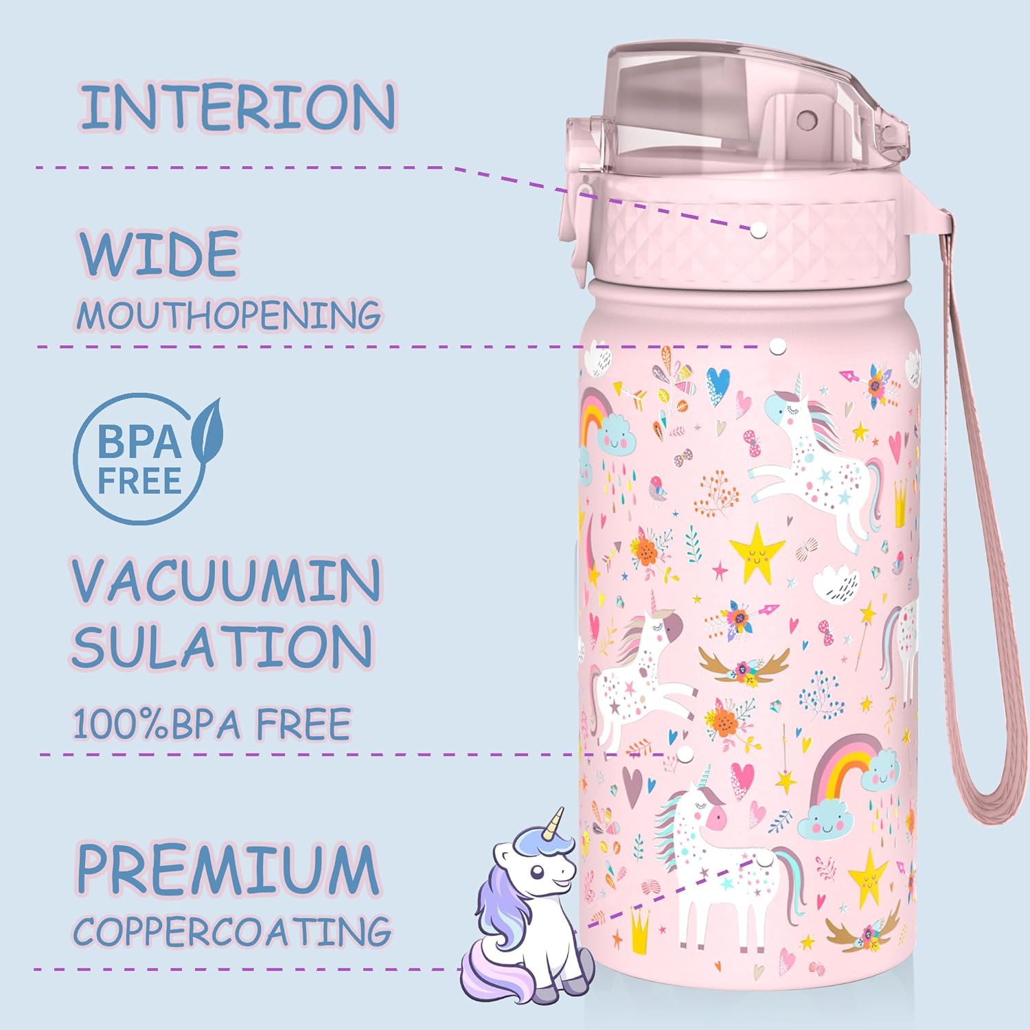 Kids Water Bottle, GOPPUS 14 oz Insulated Water Bottle with Straw, Double Vacuum Leakproof, BPA Free, for Boys and Girls,Pink Unicorn - Image 2