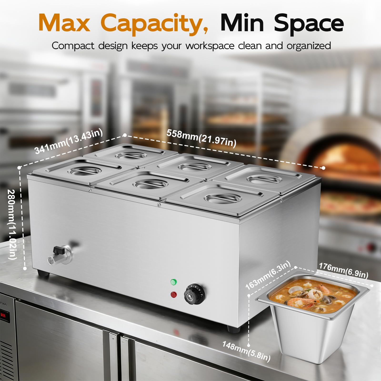 TAIMIKO Baño Marie Eléctrico Servidor de Buffet/Bufé de Acero Inoxidable 220 V Calentadoras Calentador Profesional Comercial con Tapa (6 Cacerolas)
