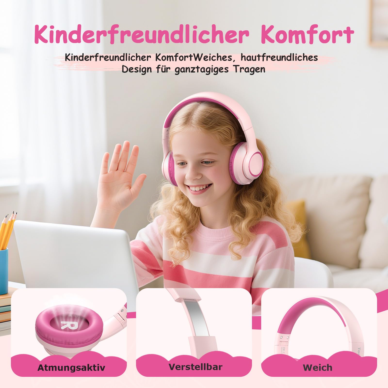 TONOSHARK Bluetooth Kopfhörer Kinder | Noise Cancelling Kinder Kopfhörer | Over-Ear Kinderkopfhörer Bluetooth Kabellos Mit Mikrofon | 60h Spielzeit (Rosa) - Für Schule/Reisen | Inkl. Tragetasche