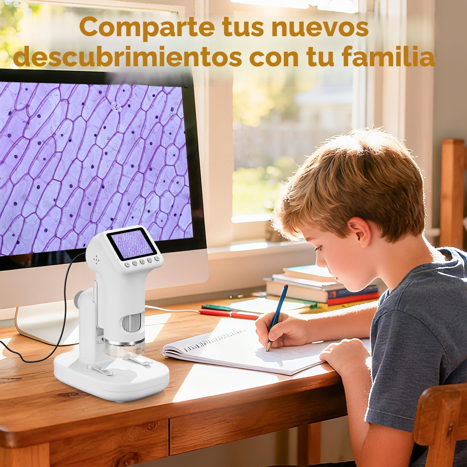 1600X Microscopio para Niños, 2.0" Pantalla Mini microscopios Digitales con Kit de Portaobjetos y 6 Luces LED, Juguetes Ciencias Educativas, Niños Alumnos de 3 a 12 Años