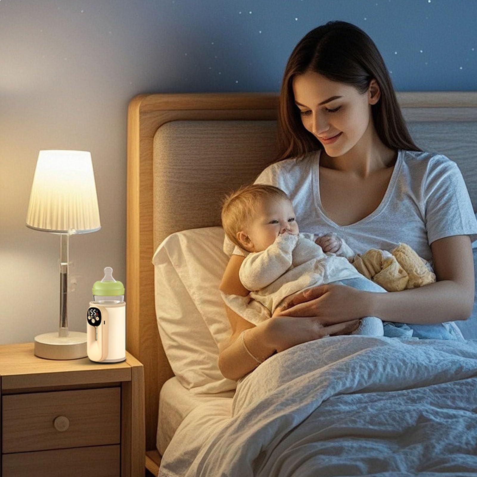Calentador Botellas Portátil para Viajar, 11 Configuraciones Temperatura Recargables Calentador Rápido Leche Calienta Biberones para Bebés con Pantalla para Leche Materna (Beige)