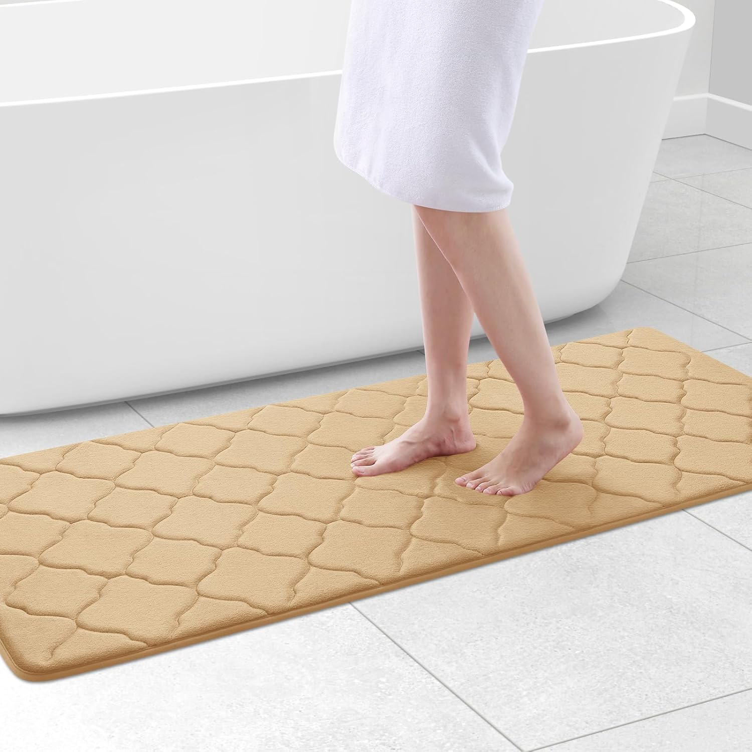 OLANLY Memory Foam Bath Mat Rug 59x24, Ultra Soft and Absorbent Bathroom Rugs, Non-Slip, Comfortable, Machine Washable Bath Carpet for Bathroom Floor, Tub, Shower and Home Decor Accessories, Beige 59" x 24" Beige
