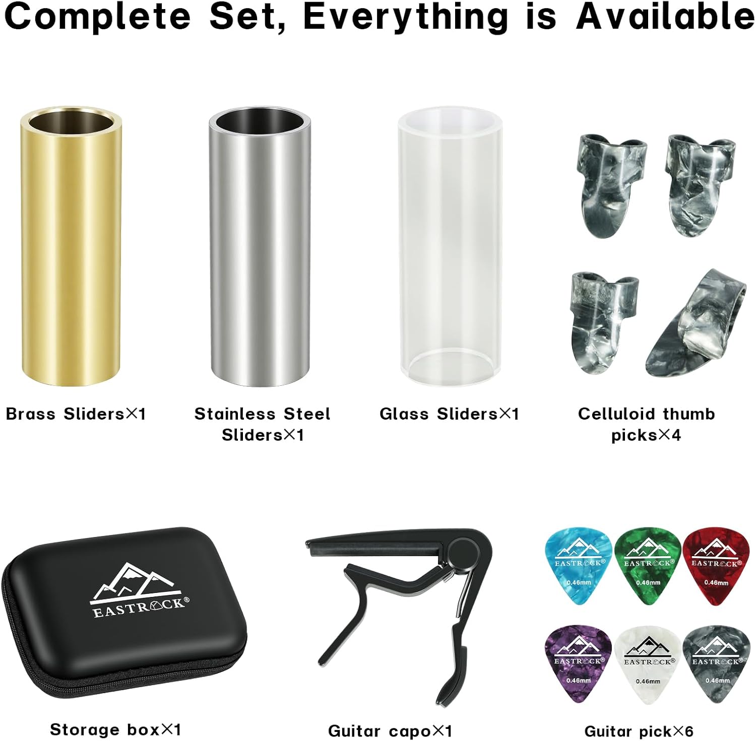 EASTROCK Large Guitar Slides Set,Includes Glass/Stainless Steel/Brass Slides,4 Thumb/Finger Picks, 6 Celluloid Picks,Capo，Organizer Box，Suitable for Acoustic/Electric Guitar,Bass.