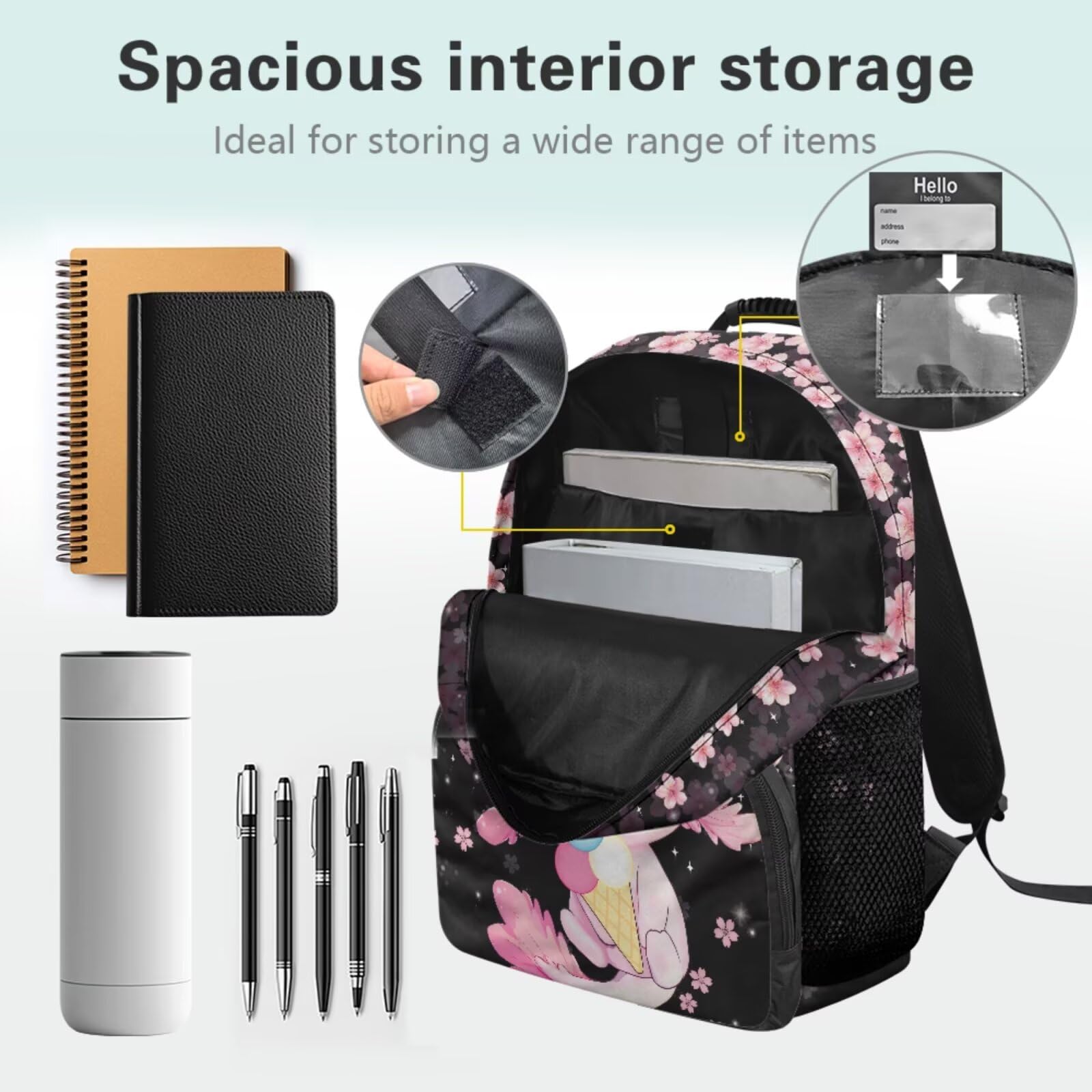 COEQINE Simpatico zaino per la scuola Axolotl con borsa per il pranzo per bambini, 5 pezzi, borsa per libri scolastici, portapenne, portaposate, Gelato Axolotl ai Fiori di Ciliegio Nero