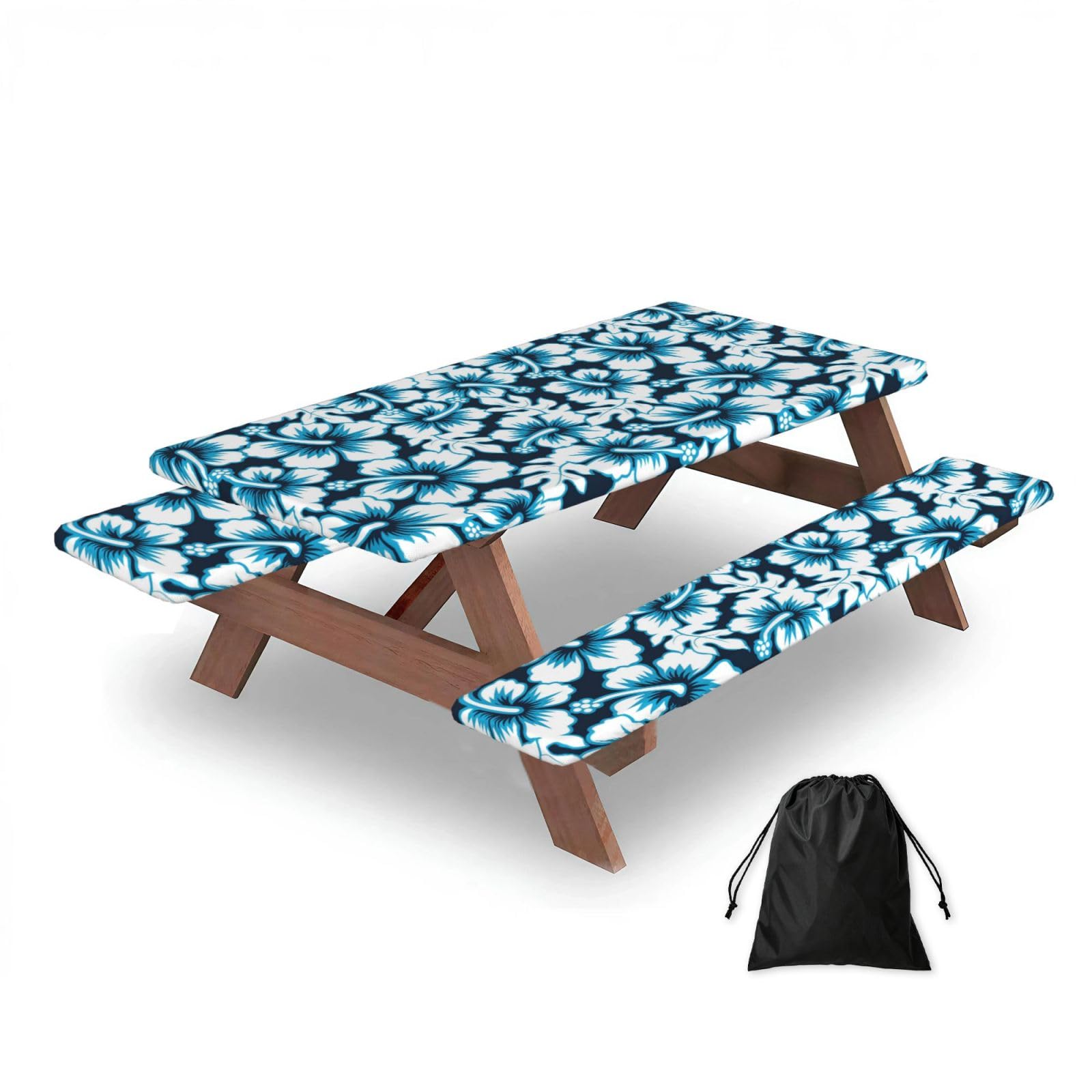Dopklna As Picture Floral Hibiscus, Picnic Table Cover With Bench Covers -Waterproof Elastic Fitted Tablecloth For Garden Camping Patio 76X152cm