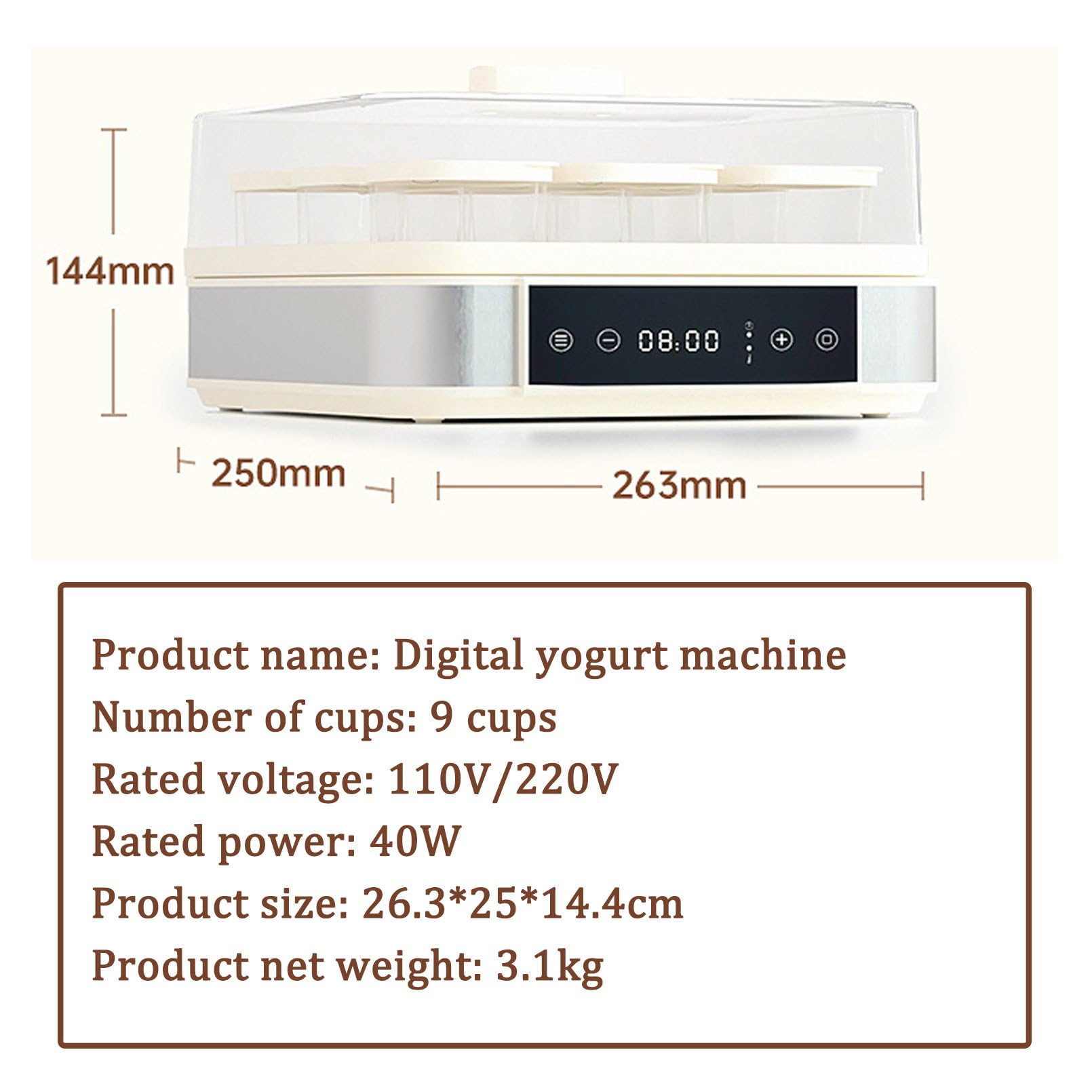 Yogurtera automática Digital con 9 tarros de Cristal (52 onzas Cada Tarro), Pantalla LCD con Control de Temperatura Constante, diseño de Acero Inoxidable para Uso doméstico