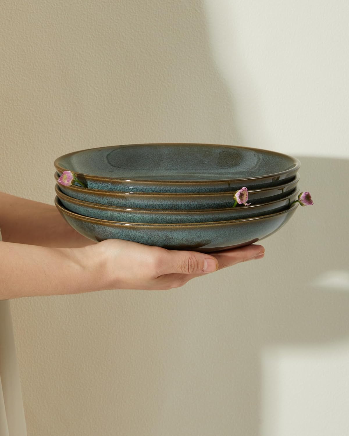 8.9" Pasta Bowls 30 oz, Microwave Safe Salad Bowl Set of 4, Stoneware Serving Soup Bowls, Kitchen Wide Bowl Plates Sets, Large Ceramic Plate Bowl for Noodle Lunch Dinner Dishes, Aurora Green