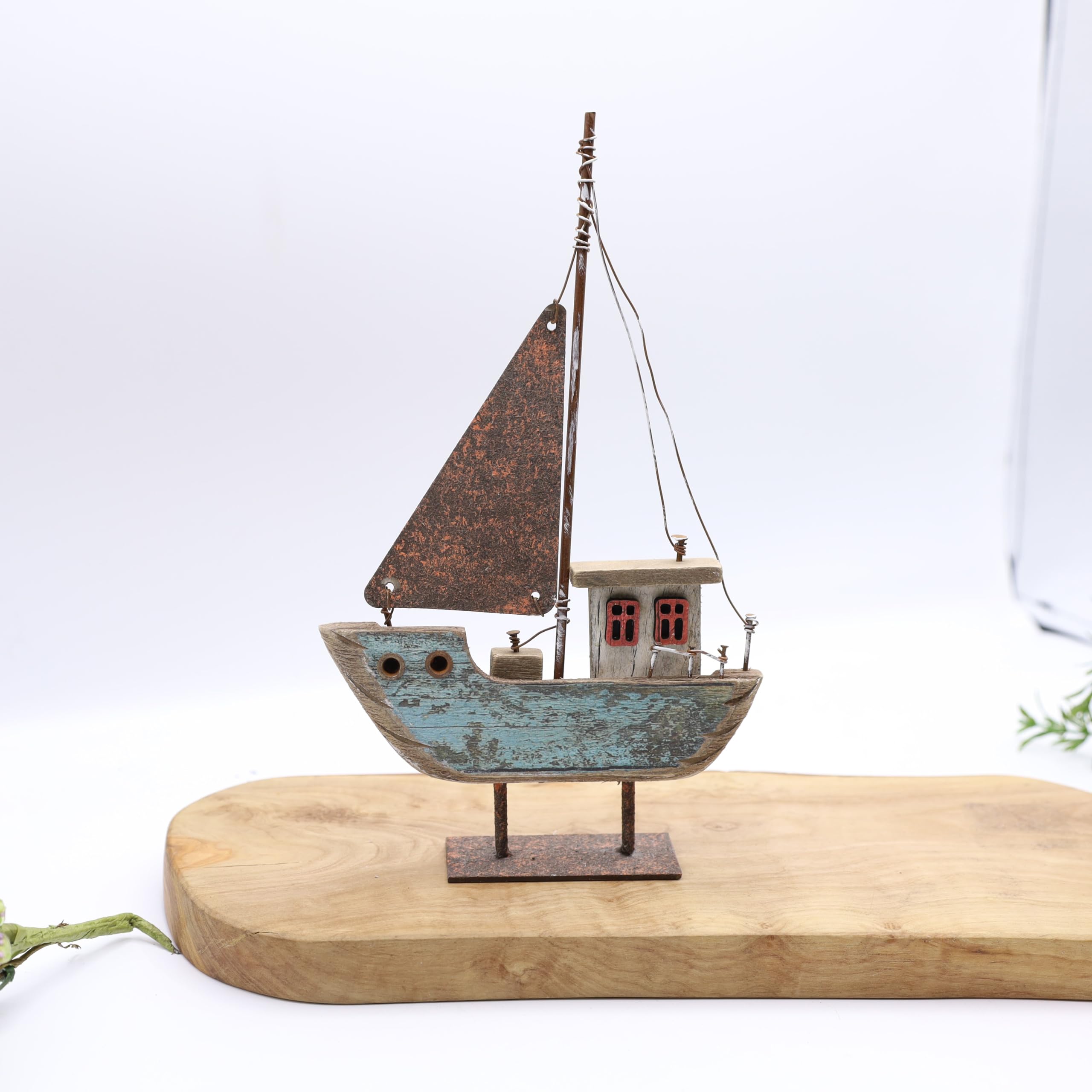 Fyne-Finds Blue, Red Rustic Wooden Boat Metal Blue & Red Nautical Coastal Decoration Home Decor Ornament