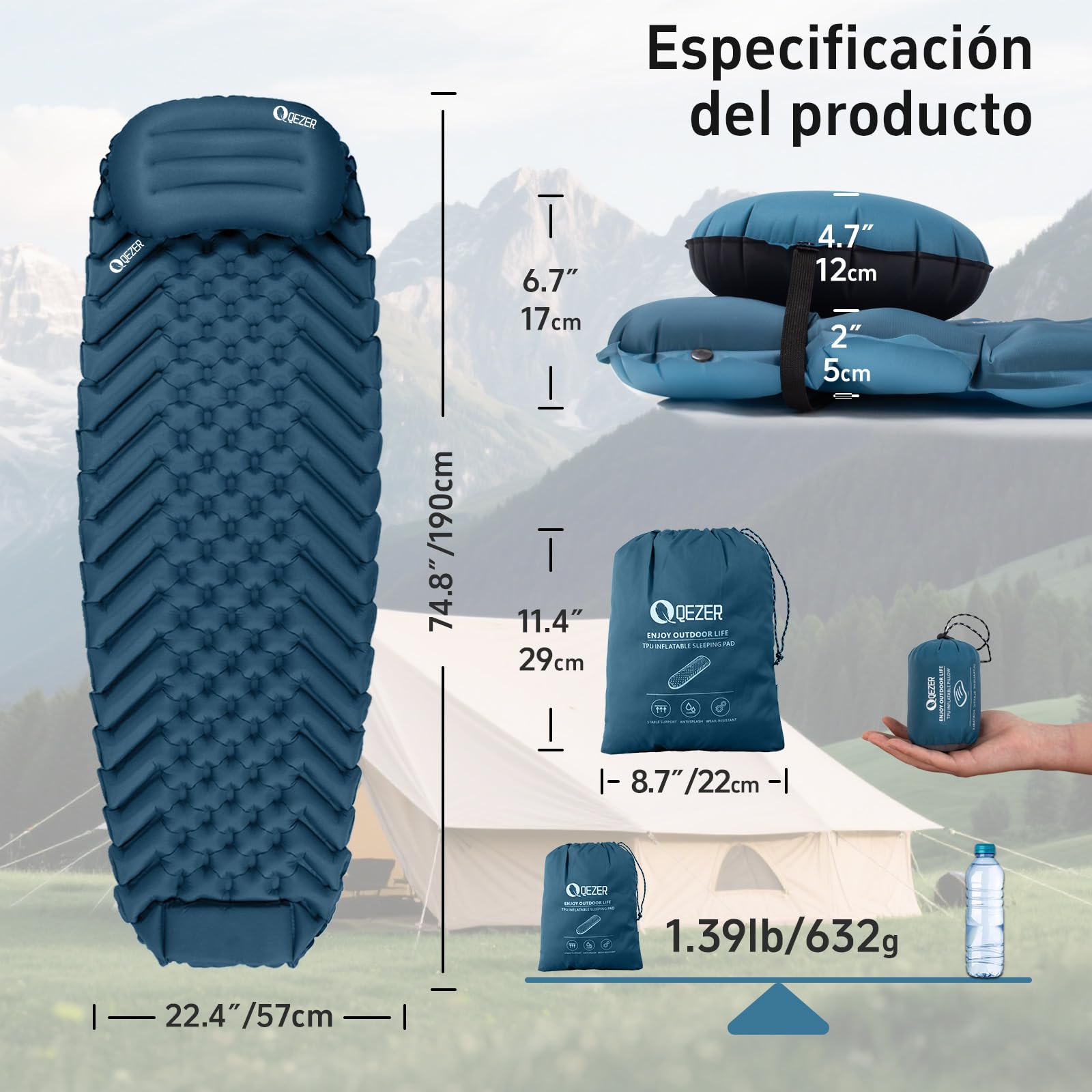 Colchón Inflable Ultraligero (Almohada). Colchón Inflable portátil para Playa, Camping y Senderismo. (Azul)