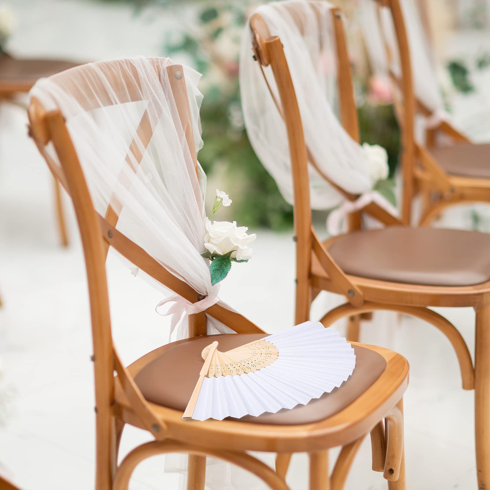 MCEAST 80 Stück weiße Faltbare Papierfächer Hochzeitsfächer Handfächer Papierfächer aus weißem Bambus Papier Handfächer Faltbar Coole Hochzeitsgeschenke mit 80 Organza-Beutel für DIY Hochzeit Dekor