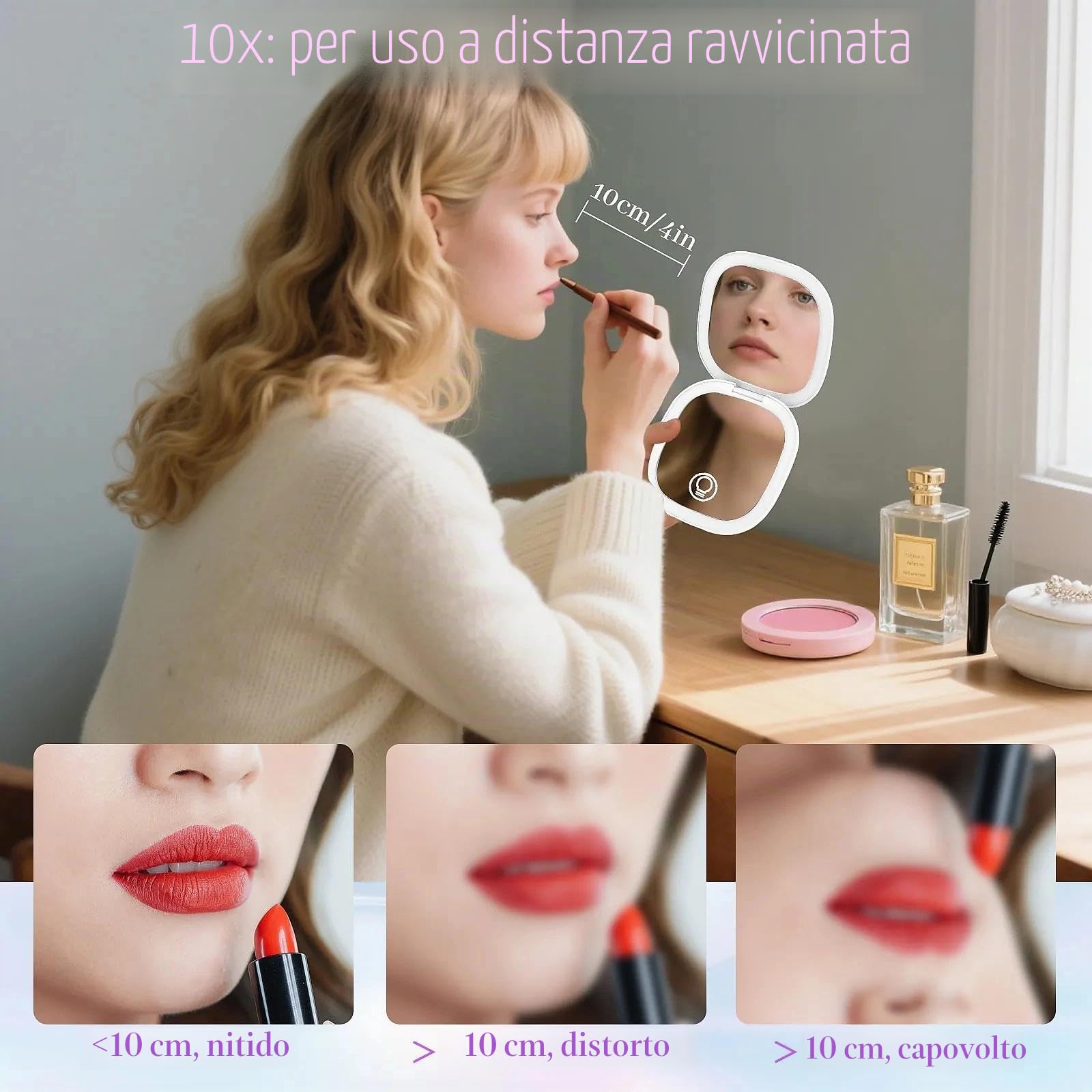 Collazoey LED Specchio Ingranditore, 1X/10X Specchietto da Borsetta, Chargement par USB, 3 Luci Regolabile Portatile Specchio da Viaggio, Interruttore Magnetico Pieghevole Piccolo Mirror (Bianco)