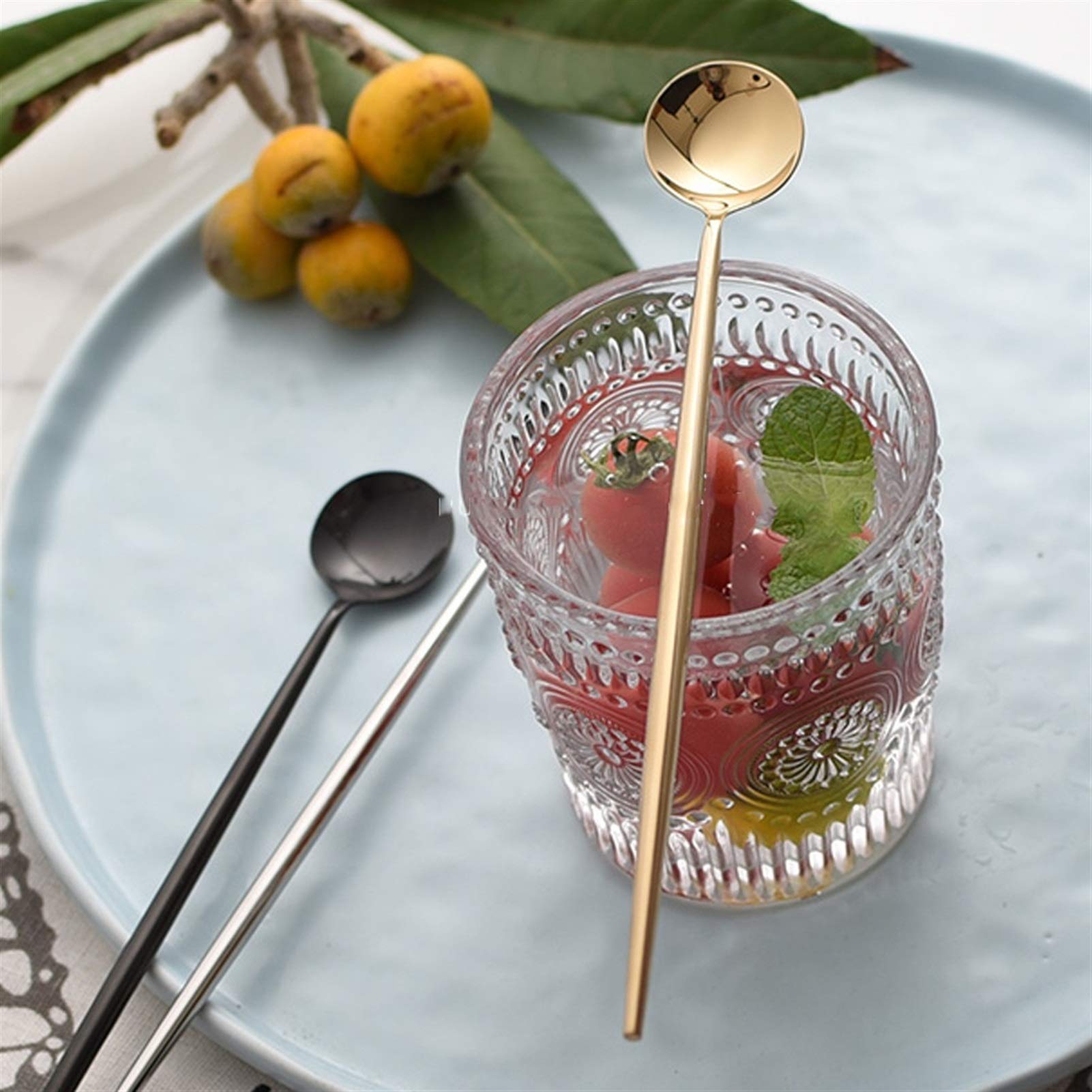 Cucharas de Postre Oro de acero inoxidable, leche, bebidas, té de leche, leche en polvo, miel, cuchara de palo de remojo de café, cuchara de postre, comida occidental, bebida fría Mango largo ​Cuchara