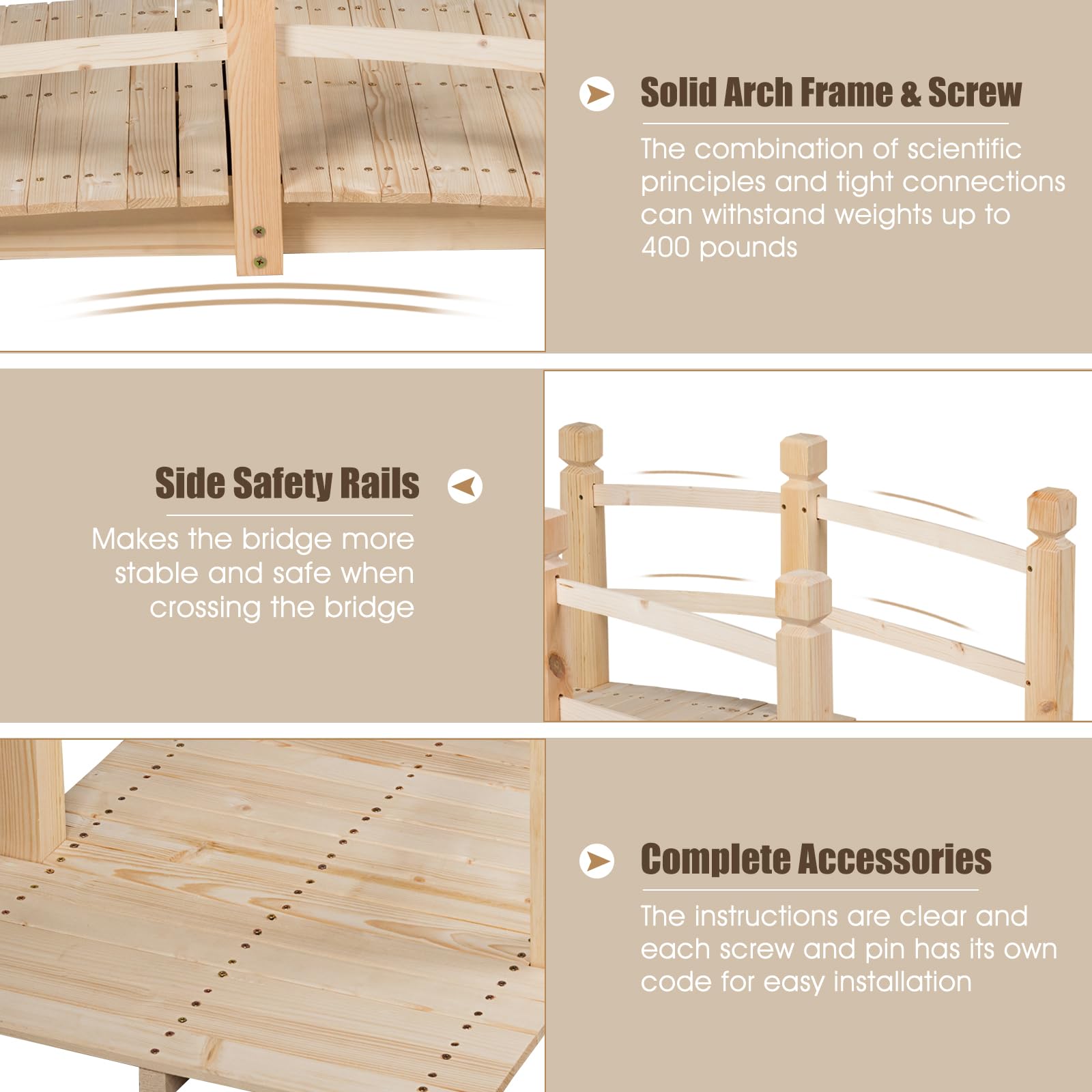 SOARS Puente de Jardín Madera con Barandilla, Puente de Pie Decorativo de Abeto con Capacidad de Carga de hasta 100 Kg, 150 x 67 x 55 cm cm, Puente Decorativo para Jardín, Estanque y Arroyo