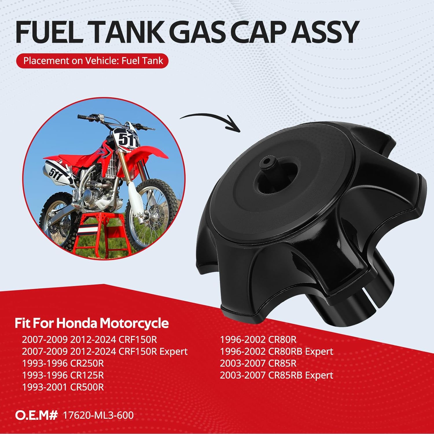 JAVIK Fuel Tank Gas Cap Assy For Honda CR125R CR250R CRF150R CR85R CR80R CR85RB Expert 1993-2024 O.E.M# 17620-ML3-600