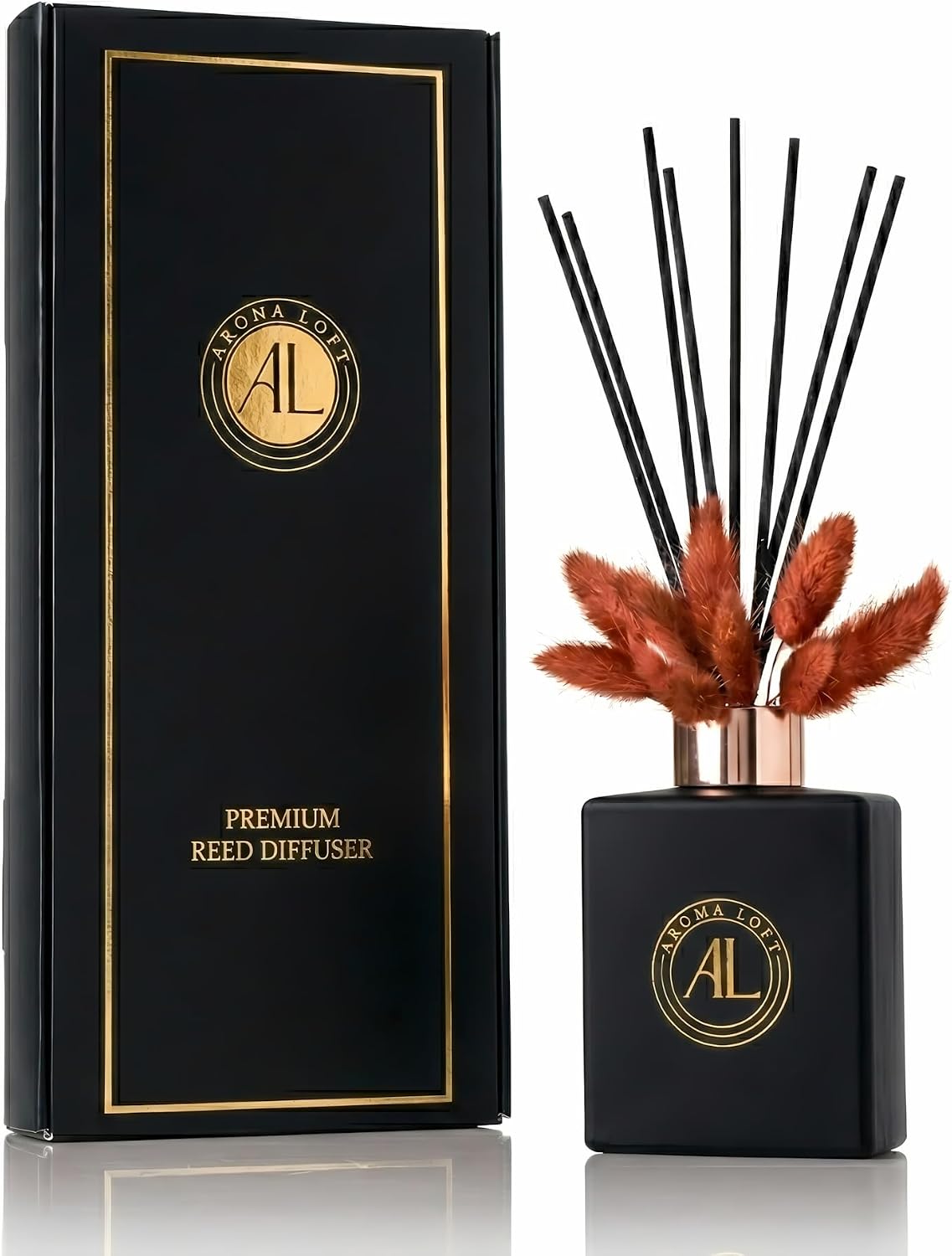 Luxury Reed Diffuser Set for Home | Black Matte Glass with 5oz Amber Oil Scent & 8 Scented Sticks | Long Lasting Room Fragrance for Bathroom, Bedroom, Office | 90-Day Fragrance | Mens Decor