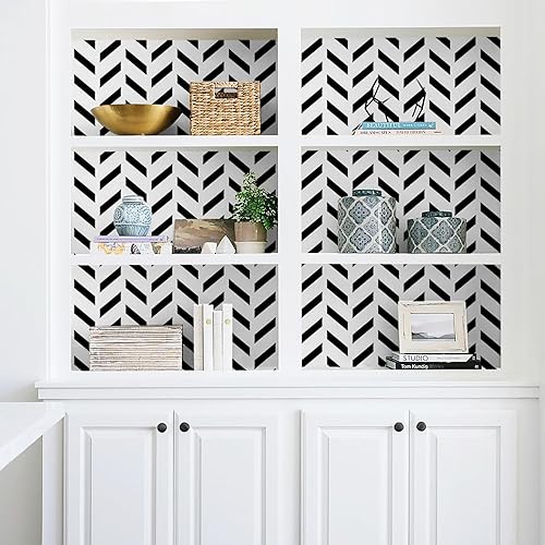 Miniatura 4 de Papel tapiz autoadhesivo a rayas en blanco y negro, papel de contacto de espiga de 17.3 x 80 pulgadas, rollo de vinilo autoadhesivo impermeable para