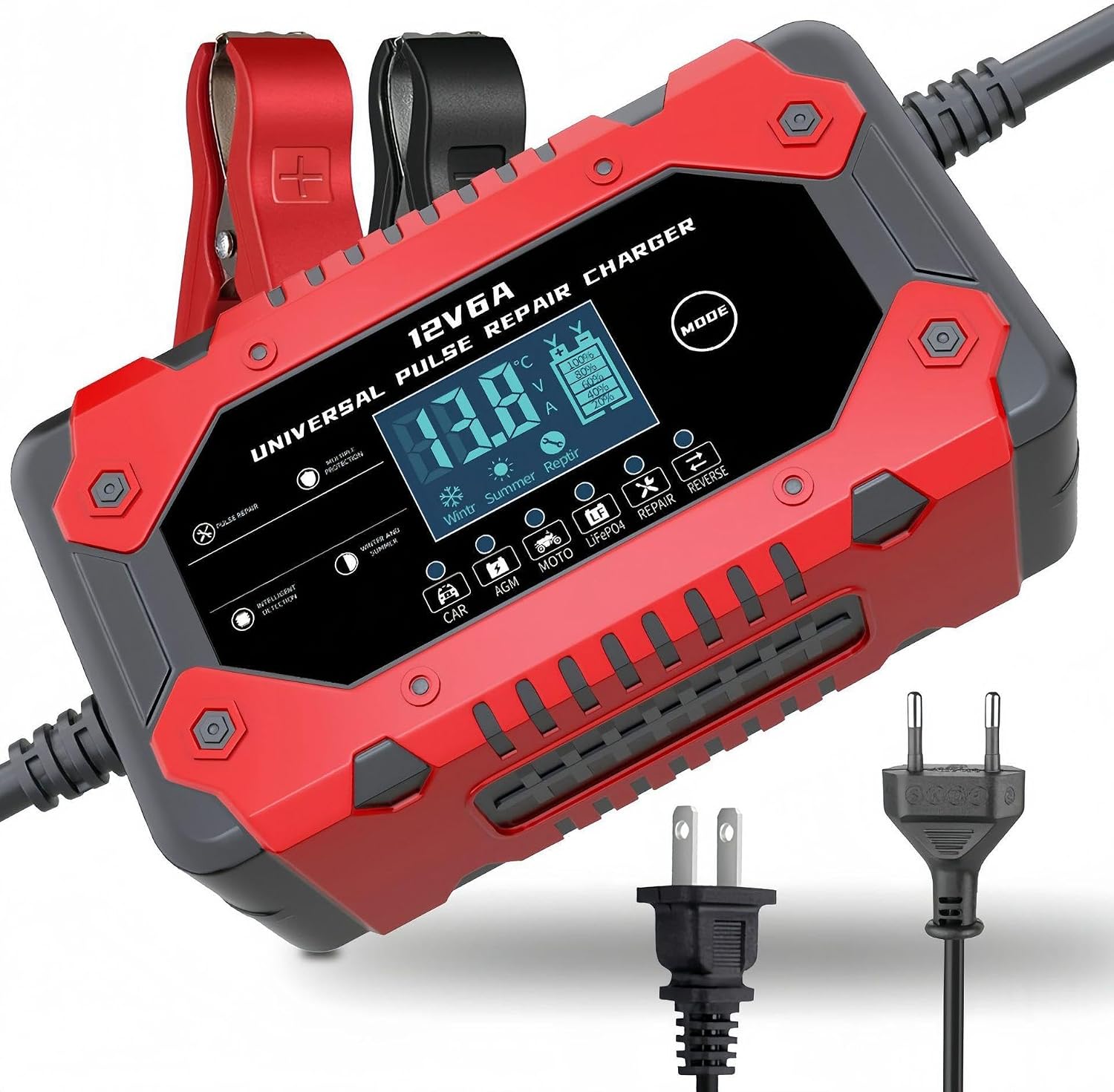 Battery Charger 6-Amp 12V Automatic Smart Battery Trickle Charger, Battery Maintainer Desulfator with Temperature Compensation for Car Truck Motorcycle Lawn Mower Marine