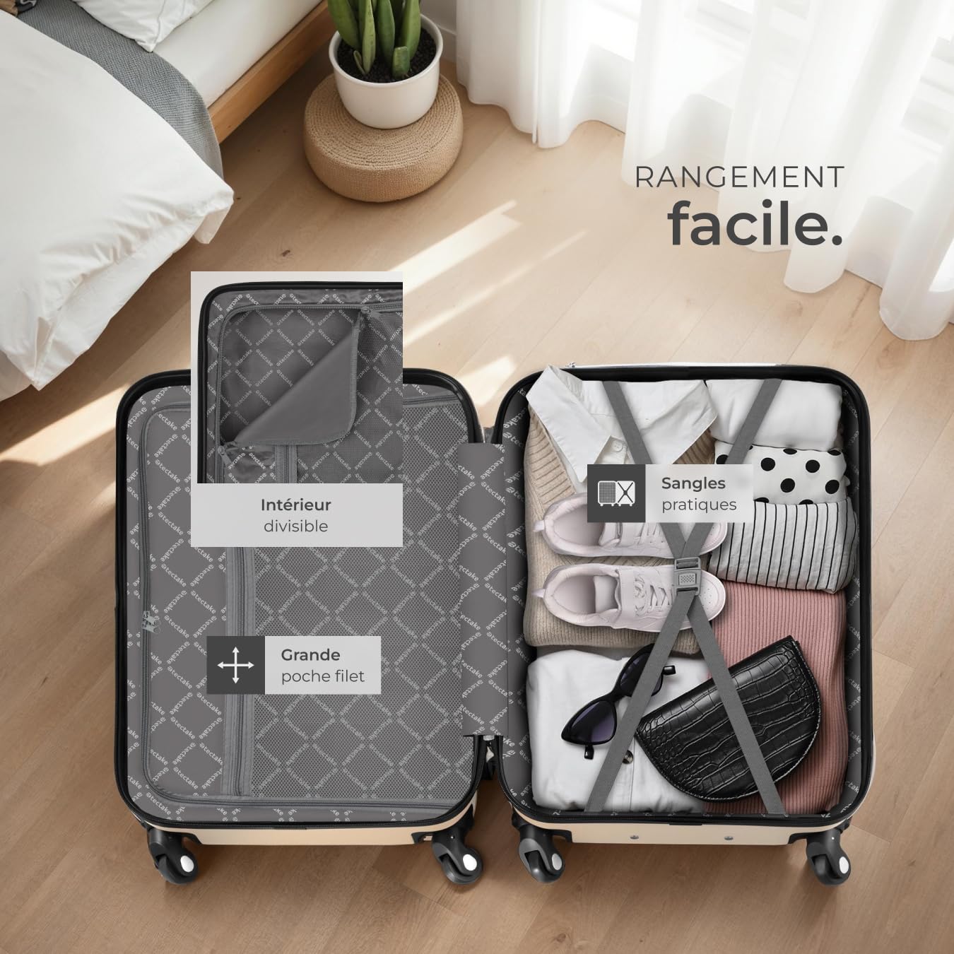 tectake Lot de 4 Valises de Voyage Valise Grande Taille Valise Cabine Valise soute Multifonction en ABS Polypropylène, Valise de Voyage à roulettes Valise avec Trousse de Toilette - Champagne
