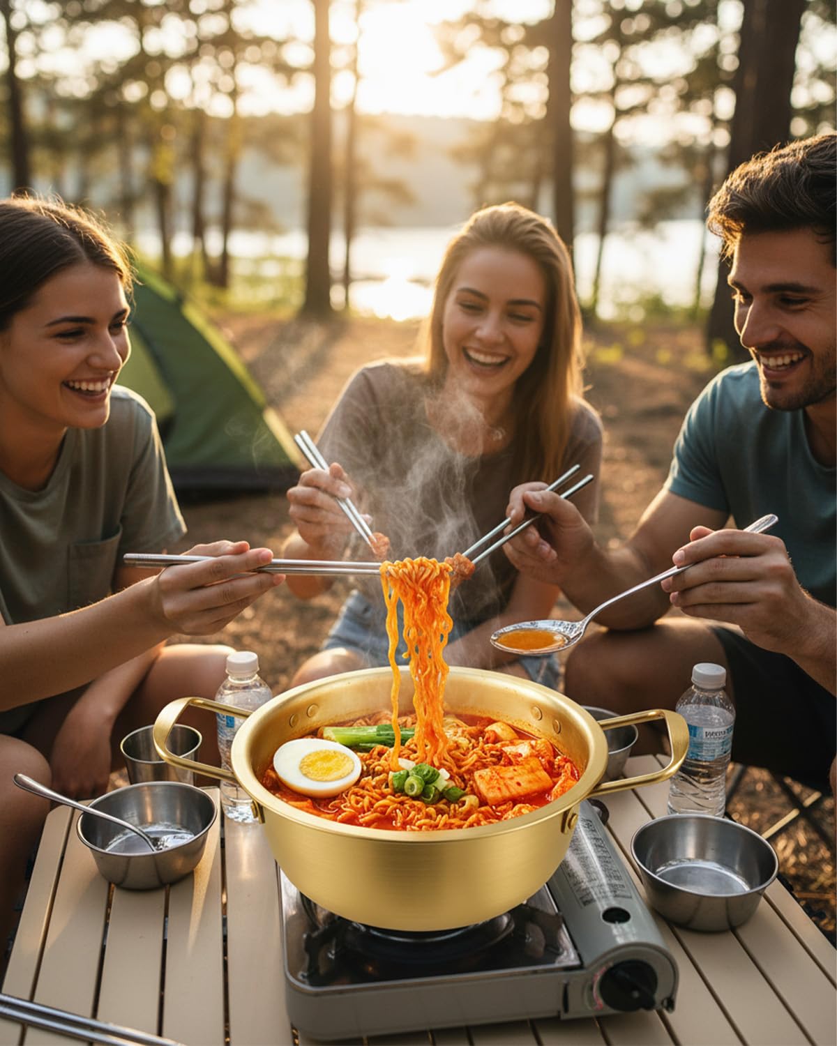 Koreanischer Ramen-Kochtopf, koreanischer Nudeltopf, Ramen-Kochtöpfe, Instant-Nudeltöpfe mit Deckel, Löffel und Essstäbchen (1 Paar) für Küchenkochgeschirr (24,4 x 8,9 cm)