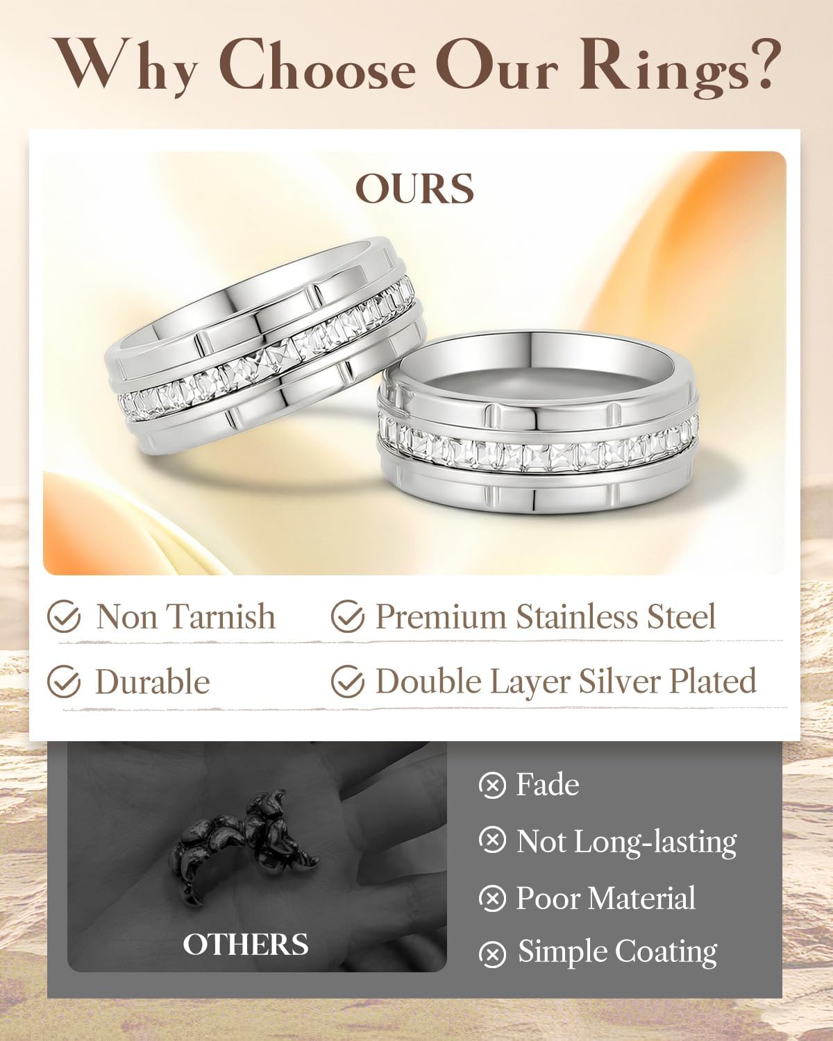 8mm Mens Gold Wedding Band with Cubic Zirconia Silver Eternity Ring CZ Inlaid 18K Gold Plated Stainless Steel Rings for Men, Rings Size 5-12