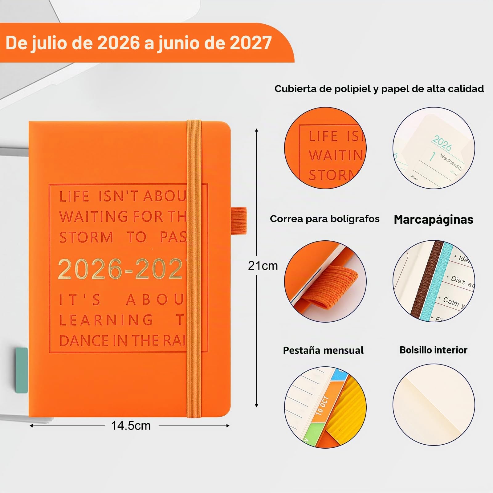 Agenda 2026-2027, tamaño A5, página por día, de julio de 2026 a junio de 2027, agenda diaria de medio año con pestañas mensuales coloridas, agenda académica de tapa dura 2026-2027 con bolsillo