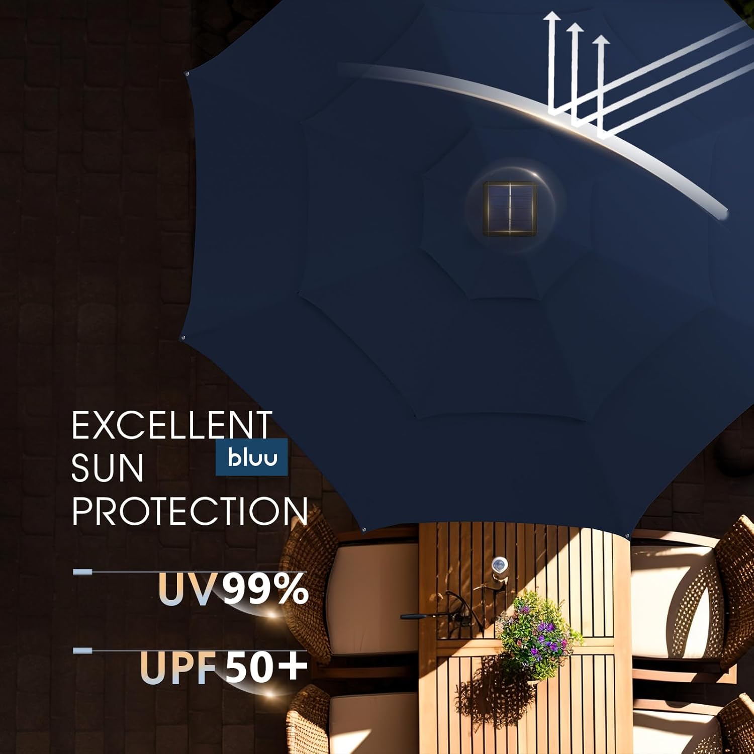 BLUU 9 Ft 3 Tiers Patio Umbrella with Solar LED Lights, 5-YEAR Fade-Resistant Aluminum Outdoor Table Umbrella with Tilt Adjustment and Crank for Pool, Deck, Garden and Lawn, Navy Blue - Image 2