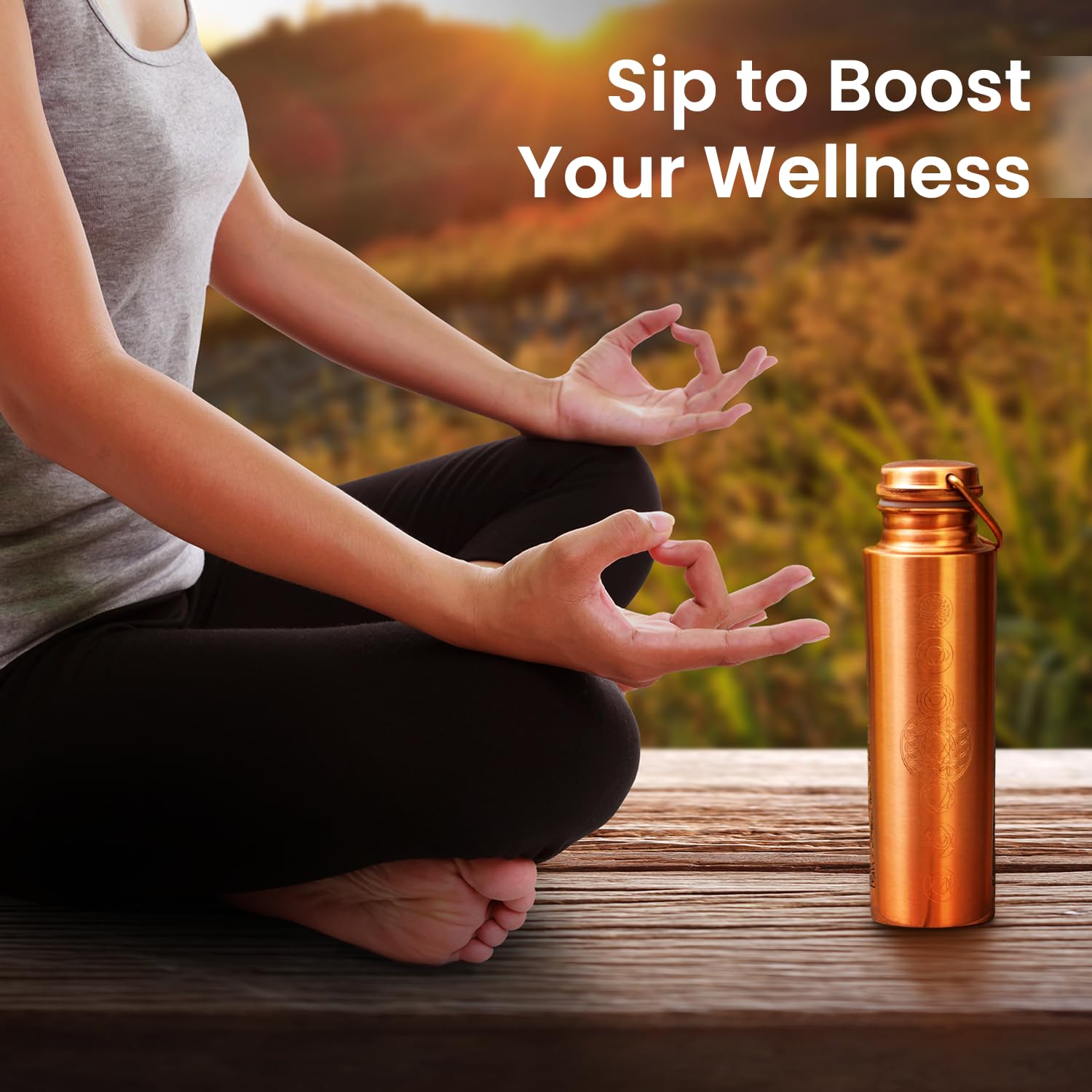 India House 100% Pure Copper 7 Chakra Bottle with Heart Chakra Crystal/Water Bottle/1000ml/Exercise/Meditation/Gym/Yoga from India (Two Free Wooden Coasters) (matt) - Image 3